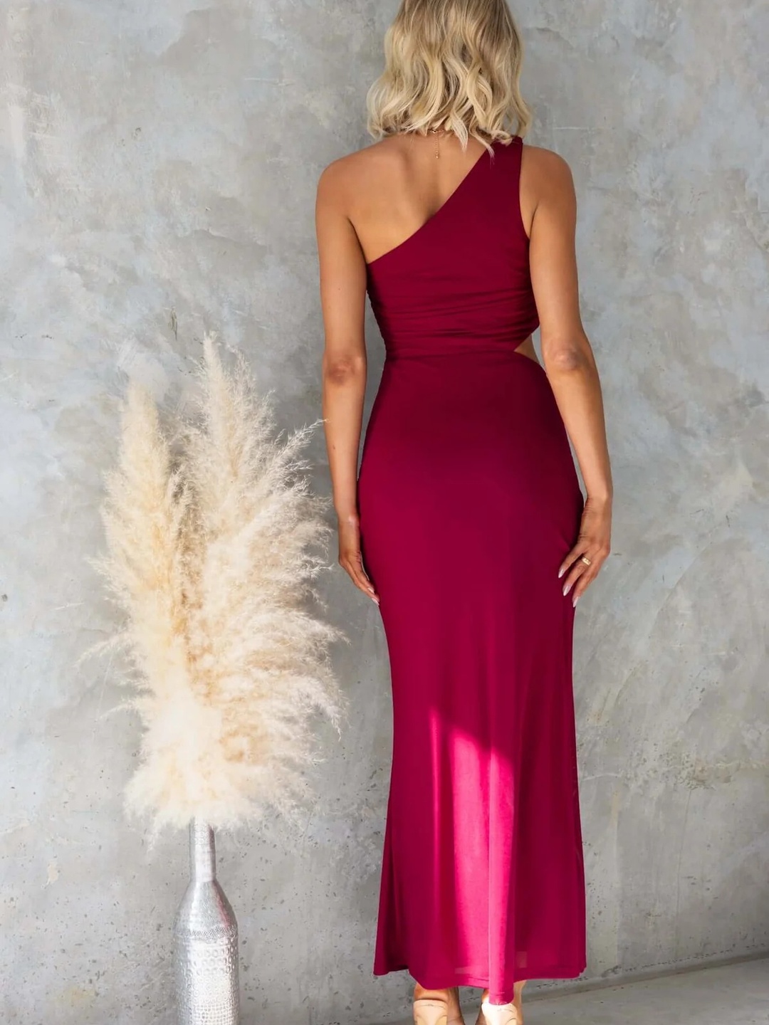 Maroon One-Shoulder Maxi Dress with Cut-Out Detail