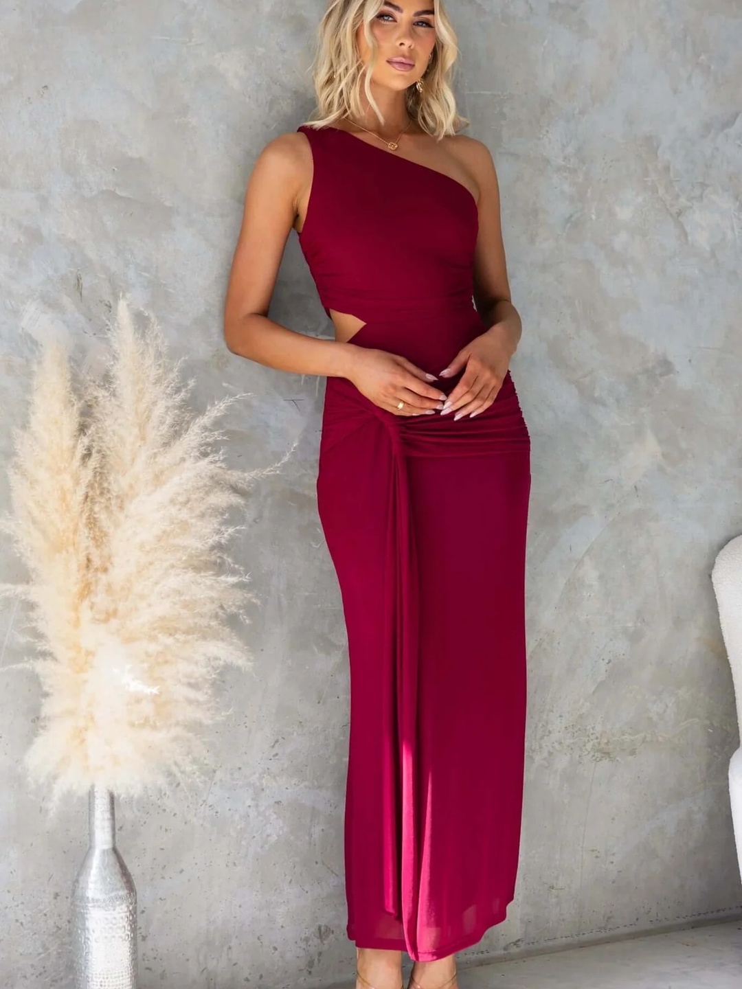 Maroon One-Shoulder Maxi Dress with Cut-Out Detail