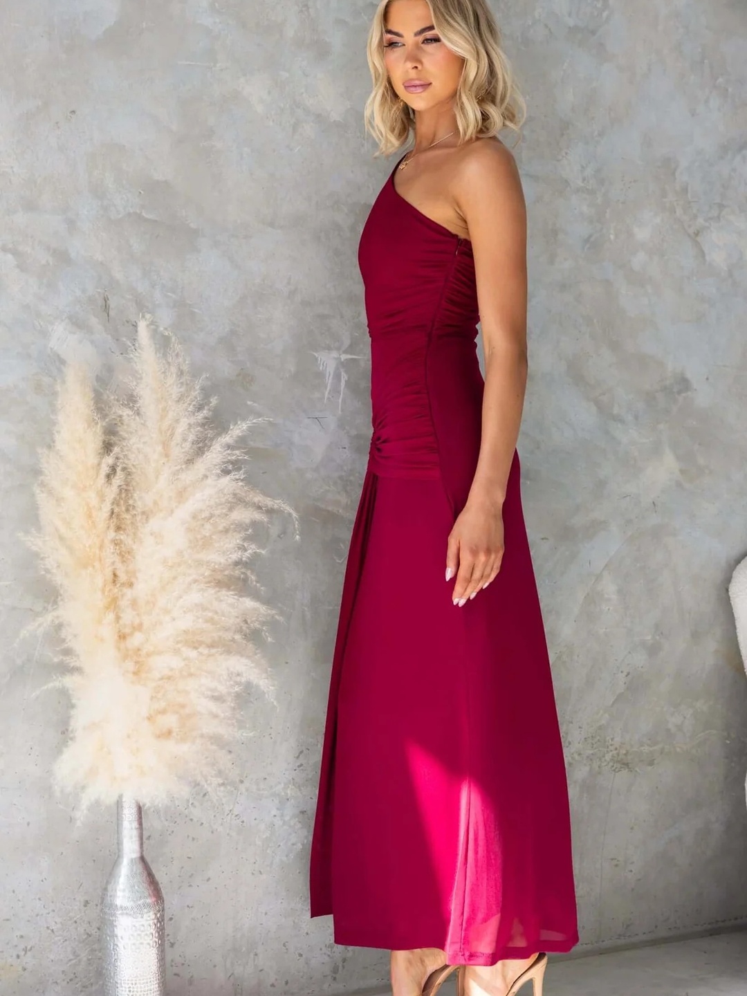 Maroon One-Shoulder Maxi Dress with Cut-Out Detail