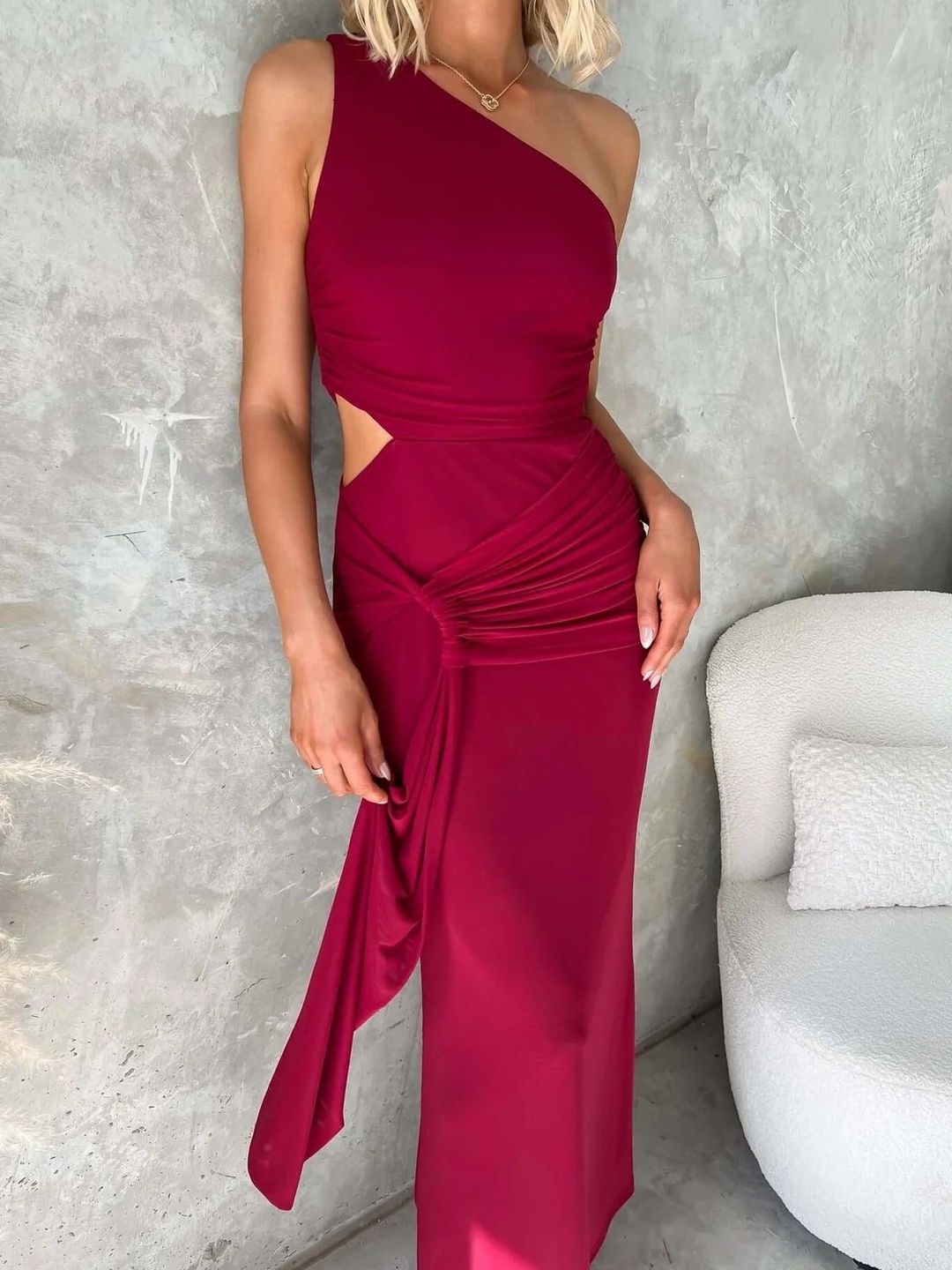 Maroon One-Shoulder Maxi Dress with Cut-Out Detail