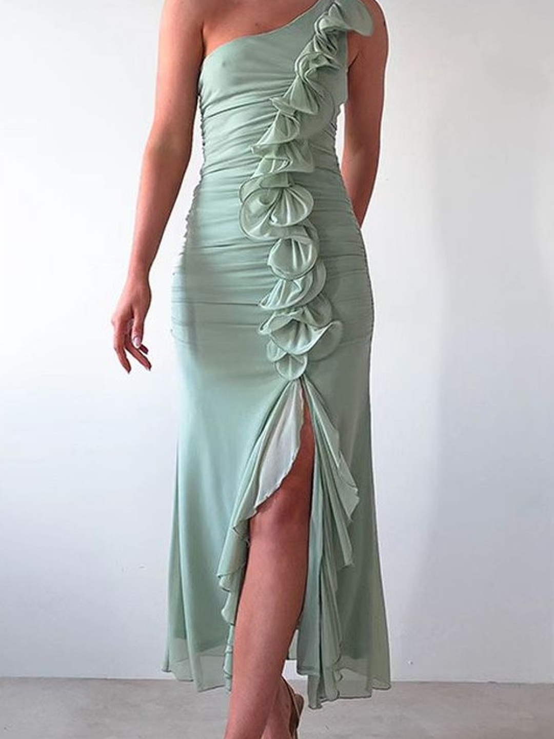 Green Ruffled One Shoulder Bodycon Maxi Dress
