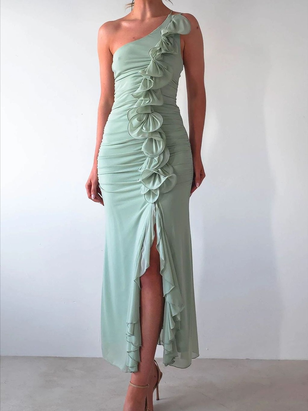 Green Ruffled One Shoulder Bodycon Maxi Dress