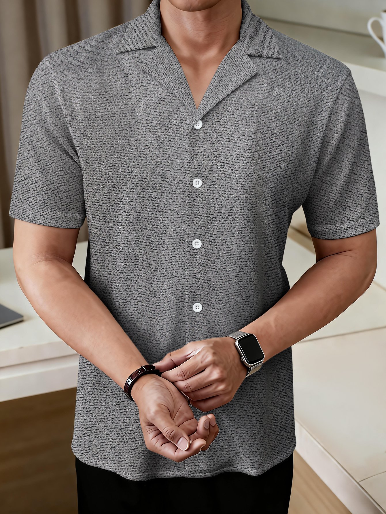 Men Textured Knit Short Sleeve Shirt