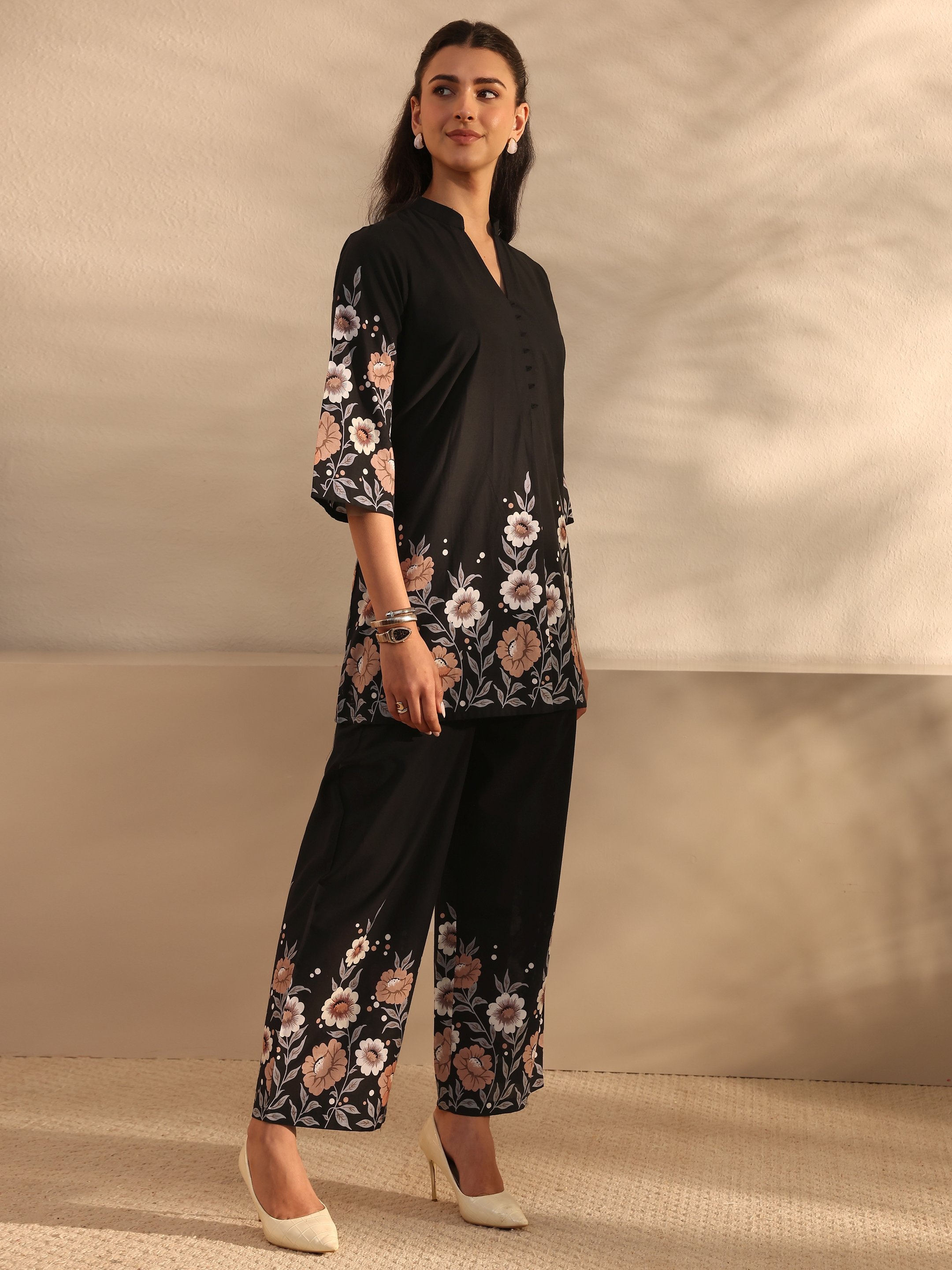 Black Printed Cotton Top and Pants Co-Ords