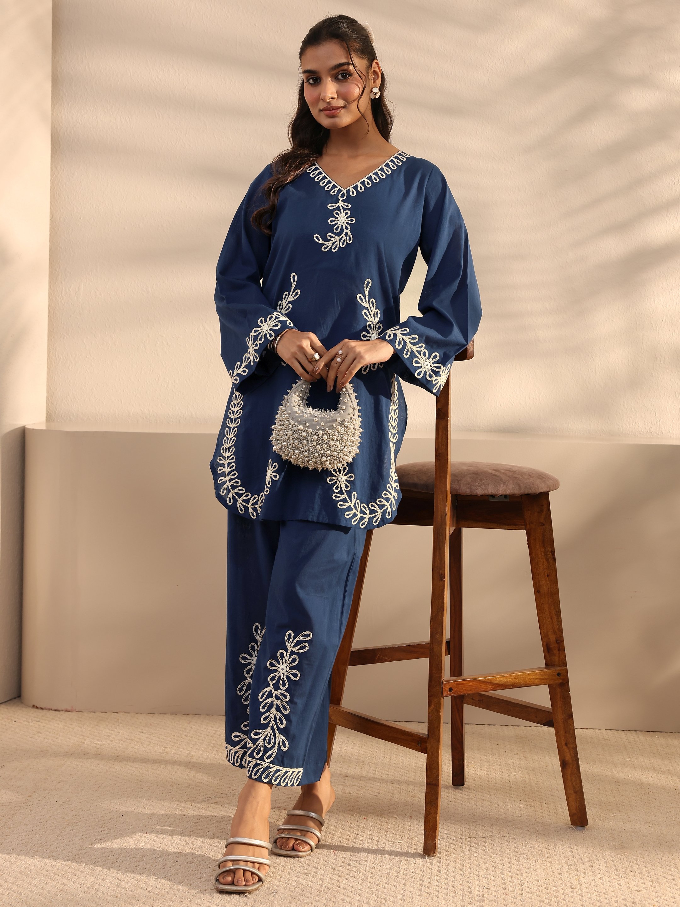 Blue Embroidered Cotton Top and Pants Co-Ords
