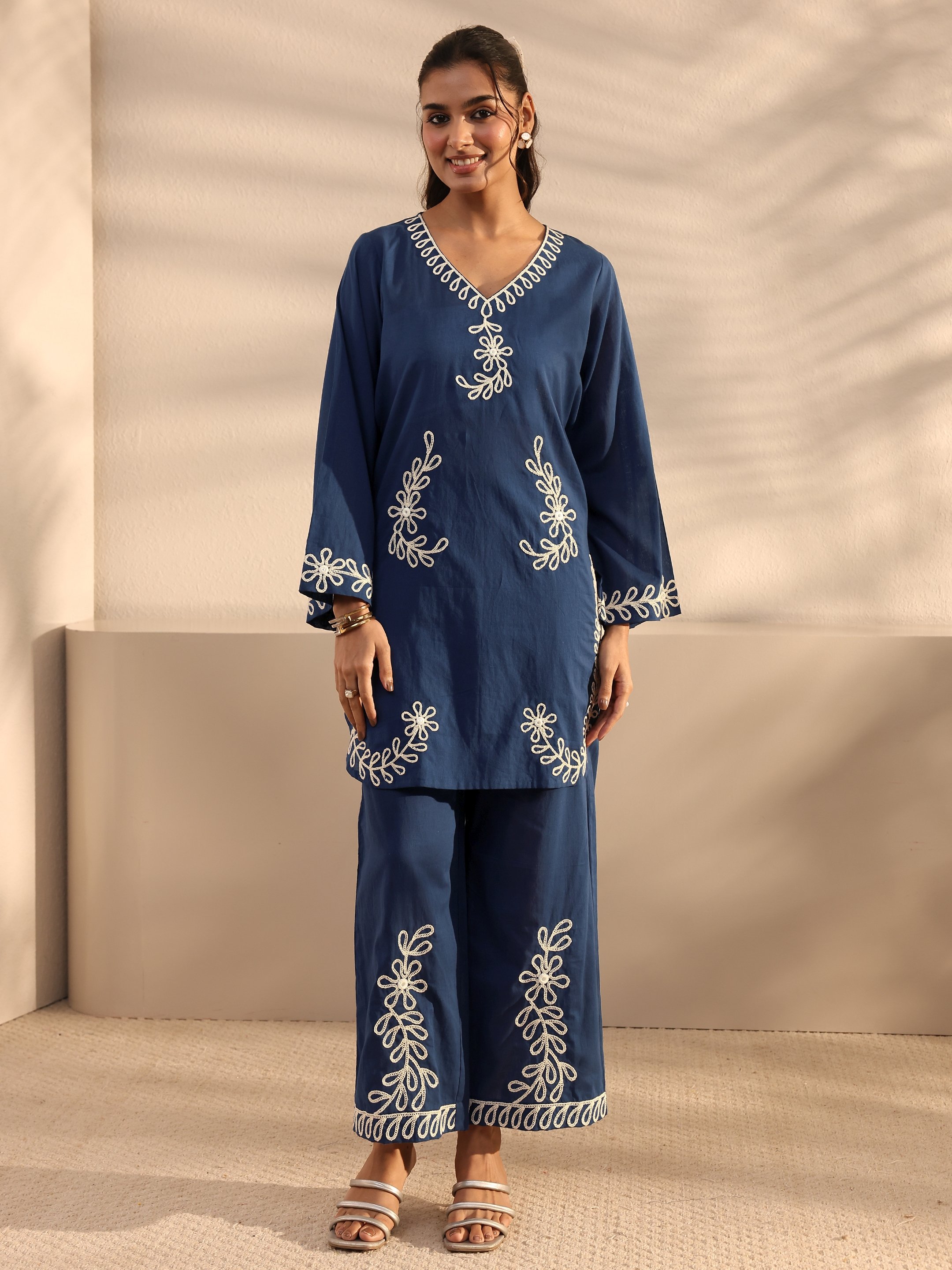 Blue Embroidered Cotton Top and Pants Co-Ords