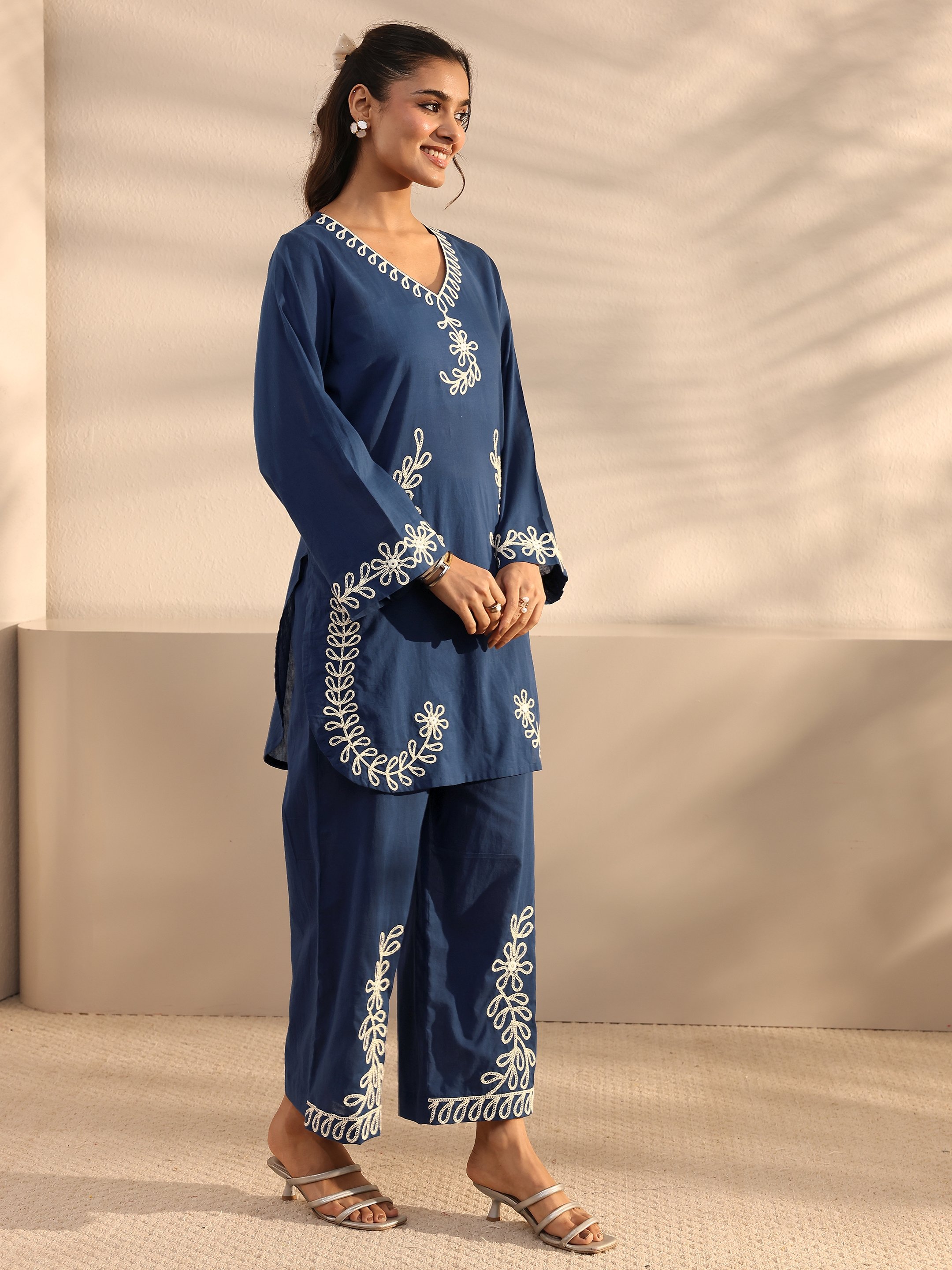 Blue Embroidered Cotton Top and Pants Co-Ords