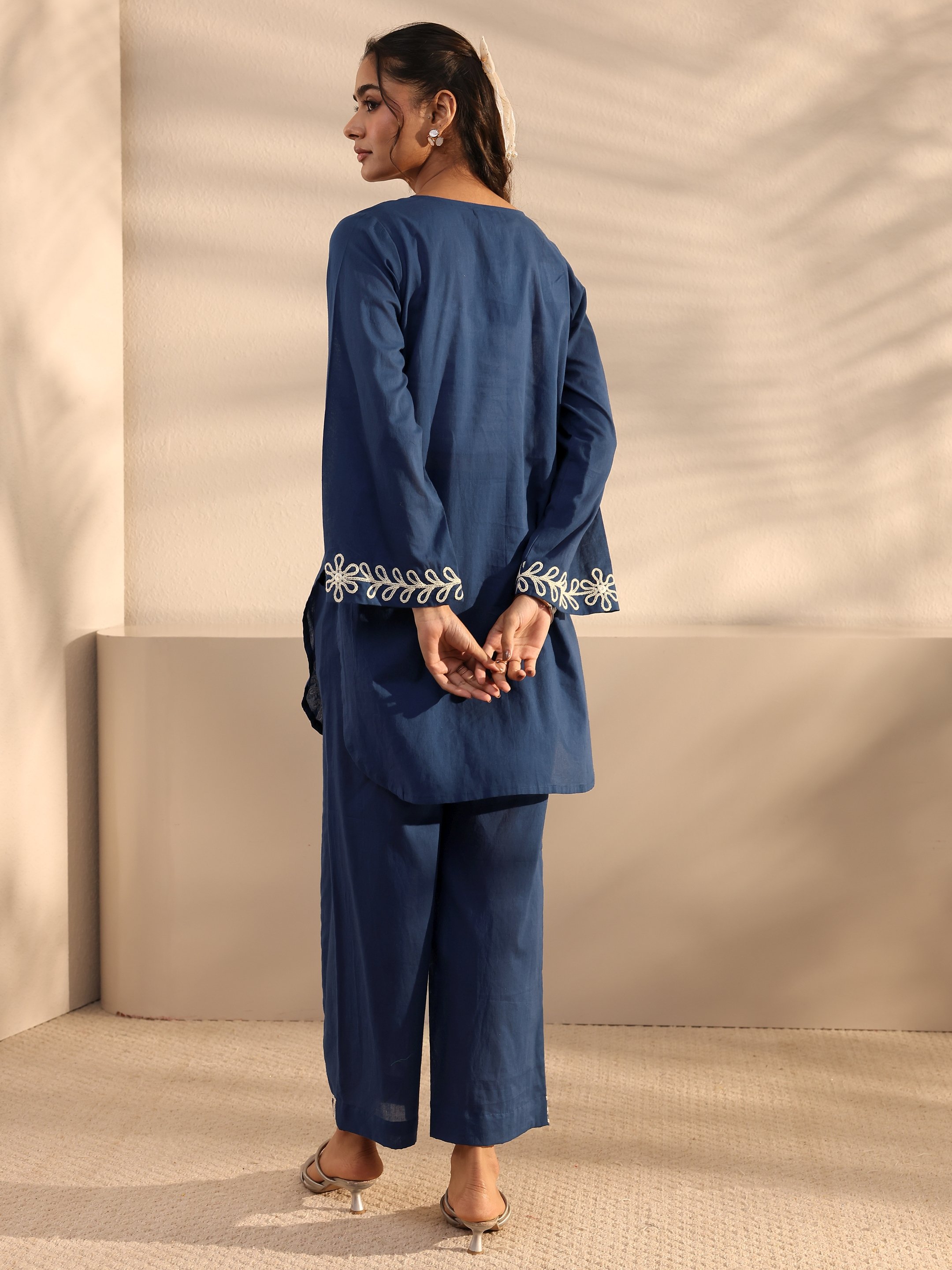 Blue Embroidered Cotton Top and Pants Co-Ords