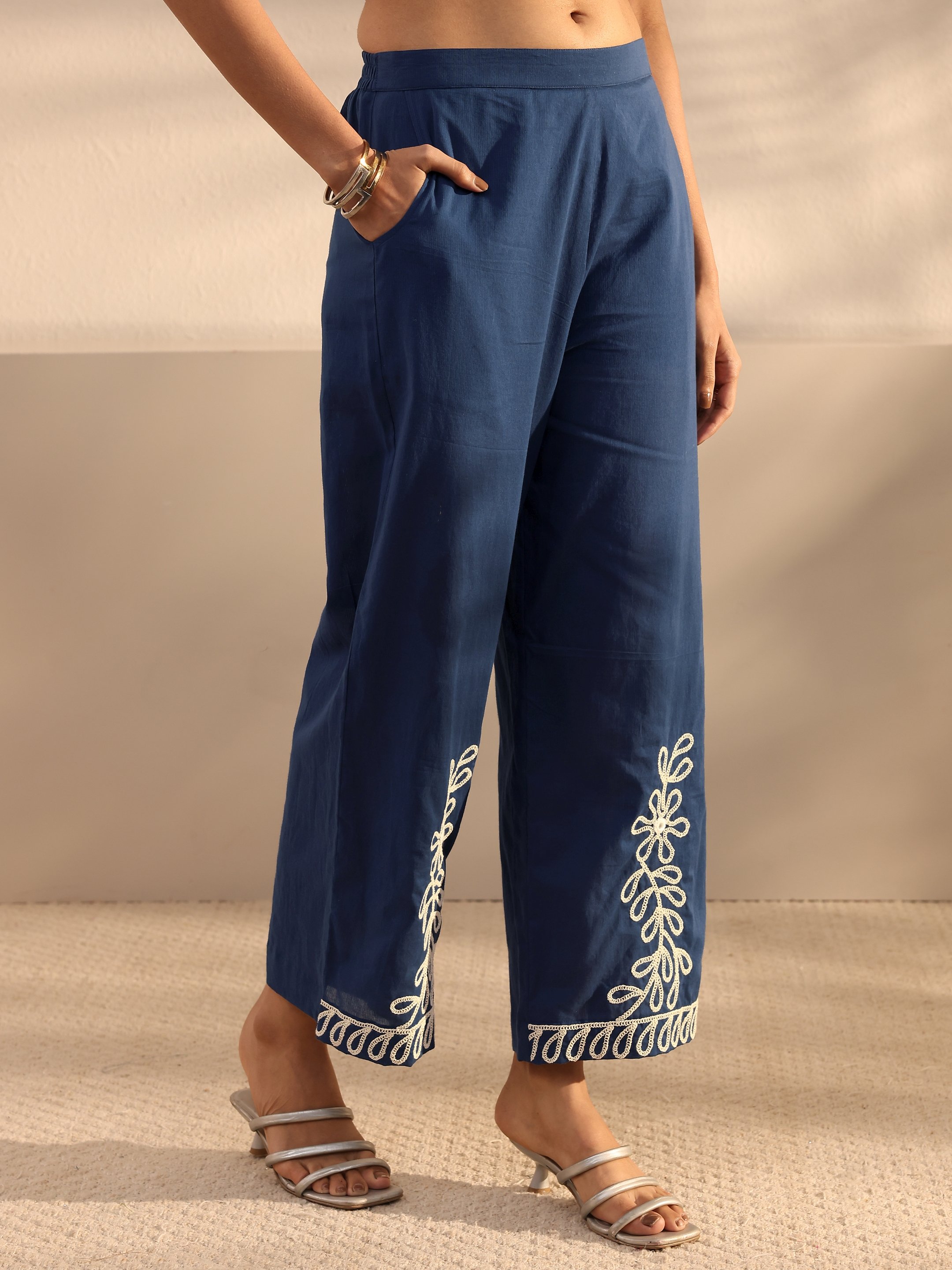Blue Embroidered Cotton Top and Pants Co-Ords