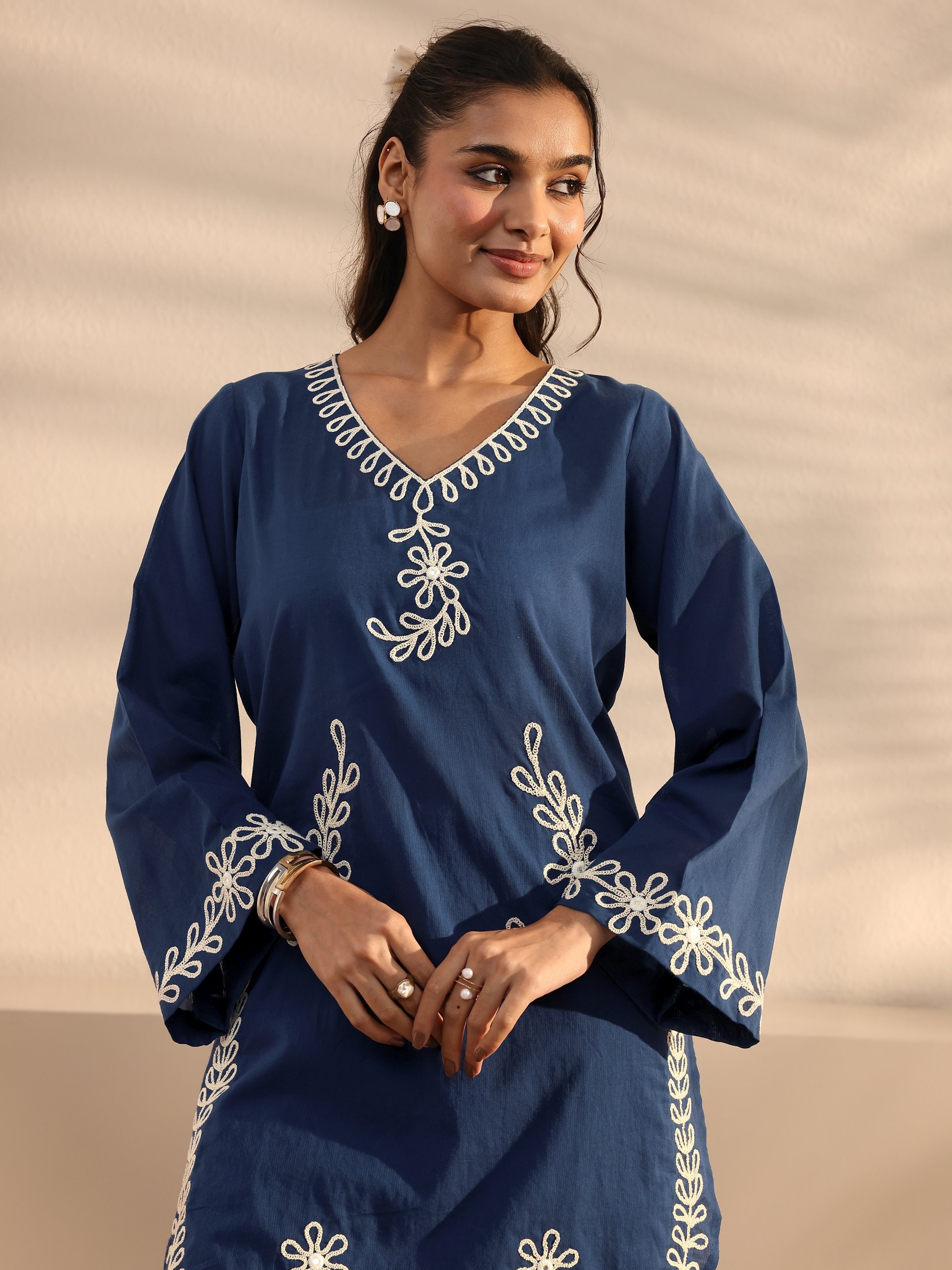 Blue Embroidered Cotton Top and Pants Co-Ords