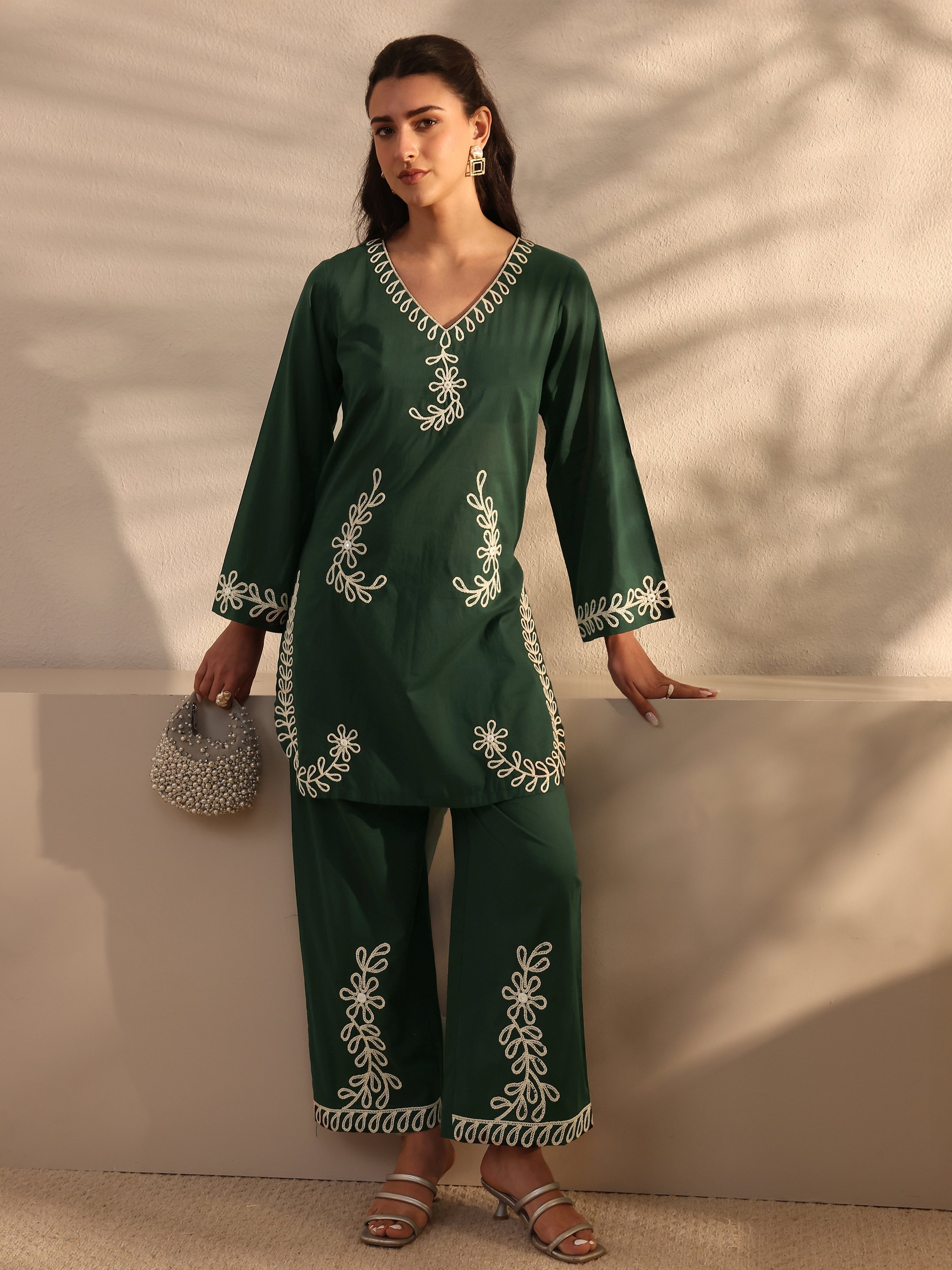Green Embroidered Cotton Co-Ords
