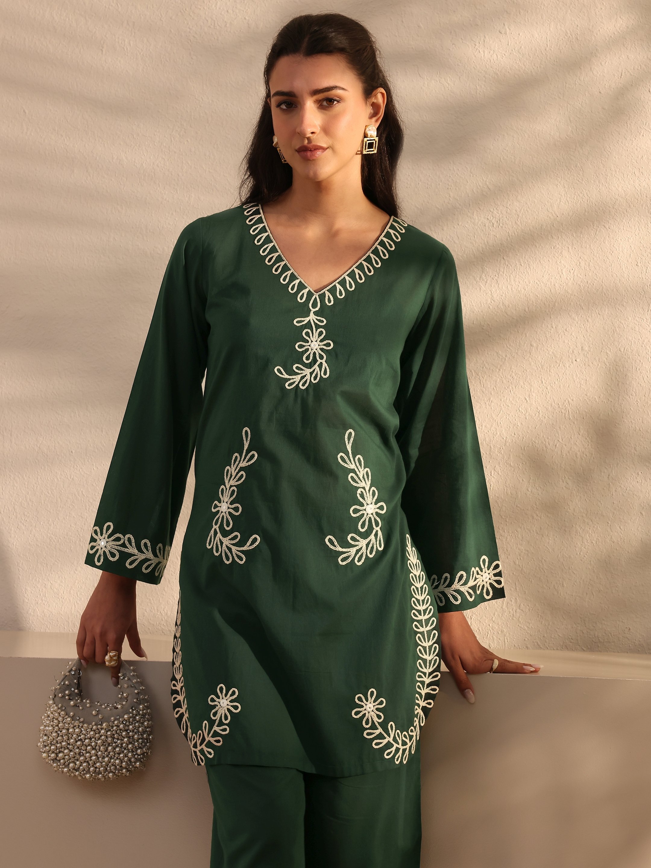 Green Embroidered Cotton Co-Ords