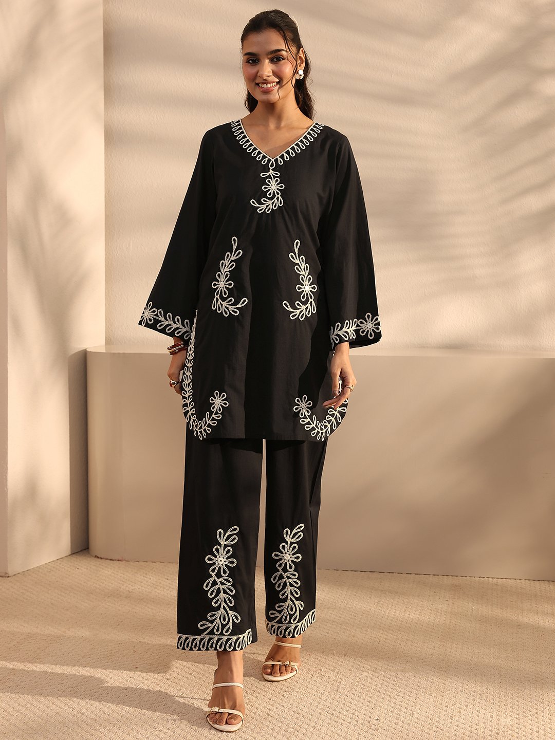 Black Embroidered Cotton Top and Pants Co-Ords