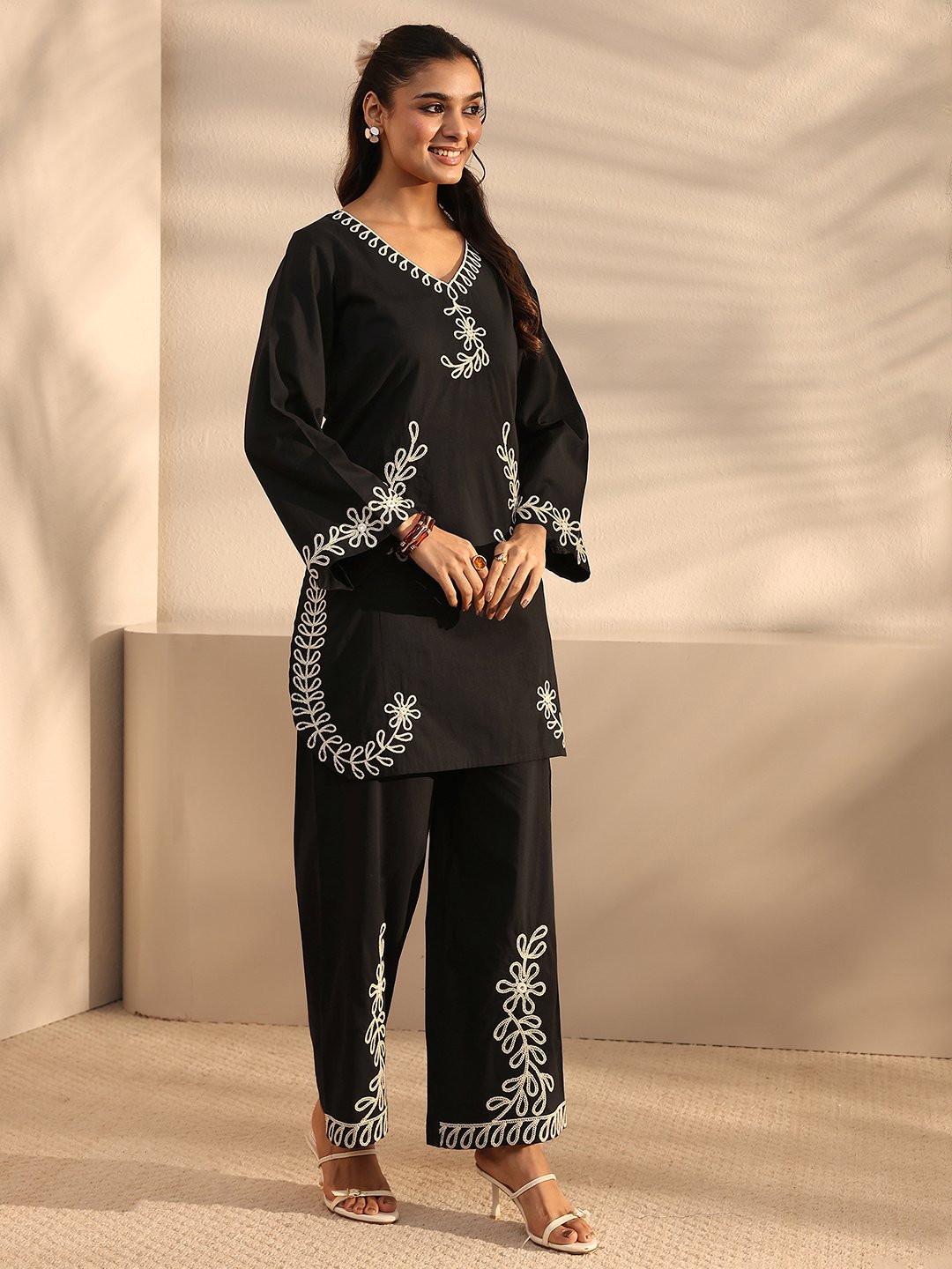 Black Embroidered Cotton Top and Pants Co-Ords