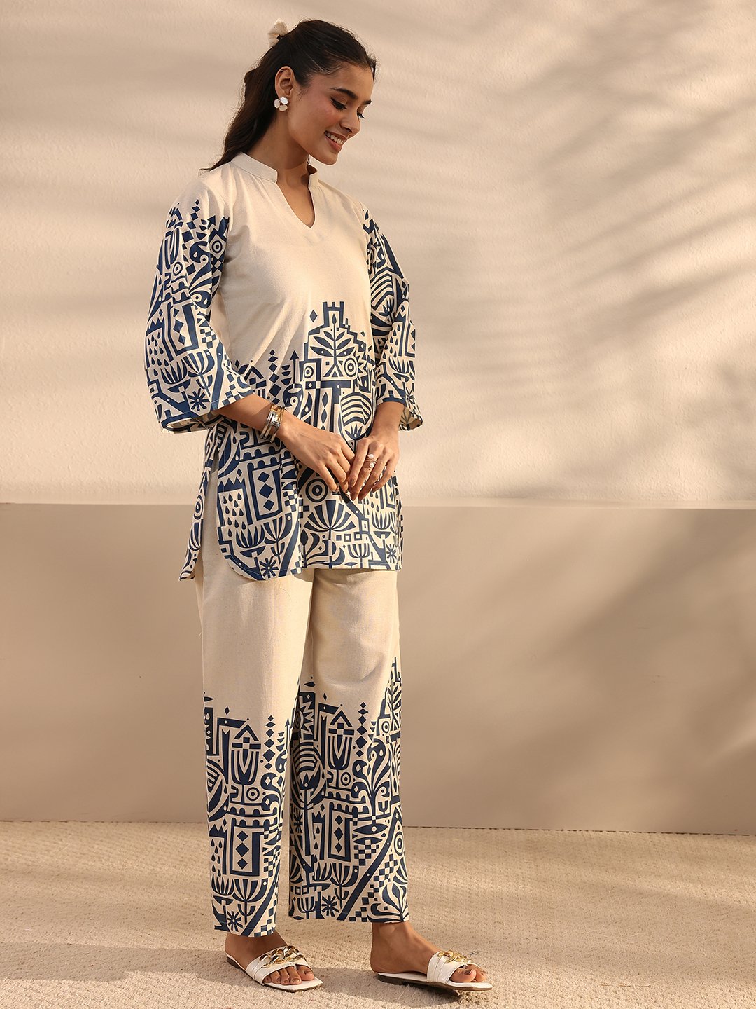Off White Printed Cotton Co-Ords