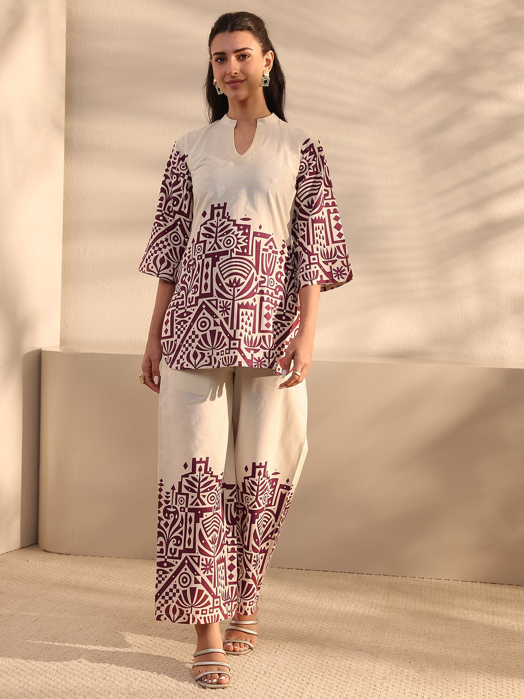 Off White Printed Cotton Co-Ords