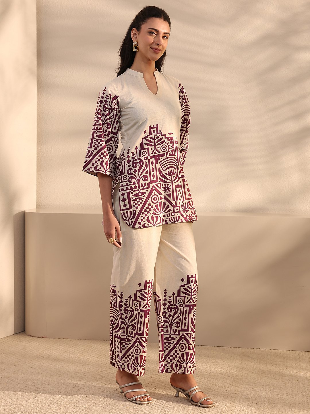 Off White Printed Cotton Co-Ords