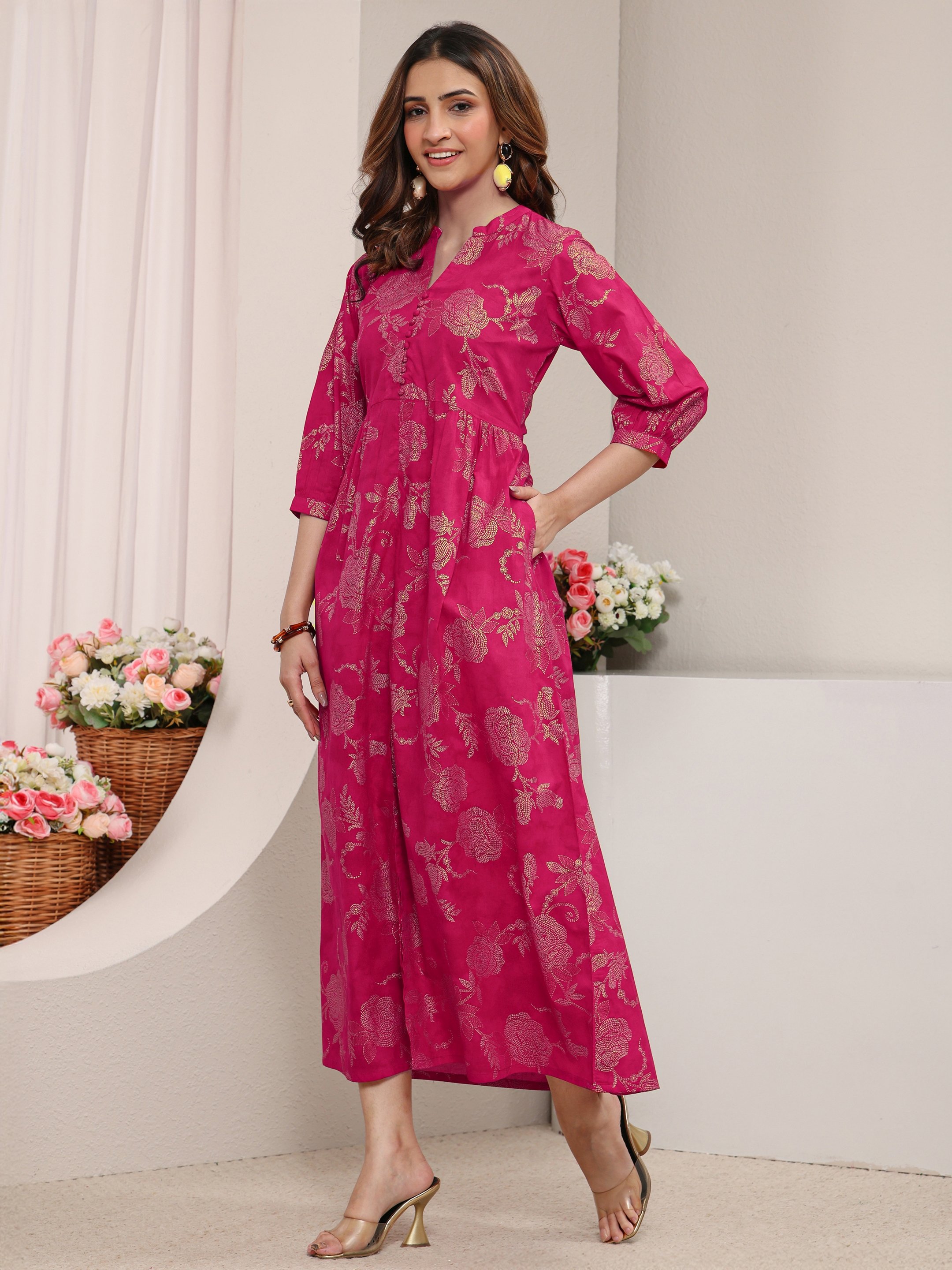 Pink Printed Cotton A-Line Maxi Dress