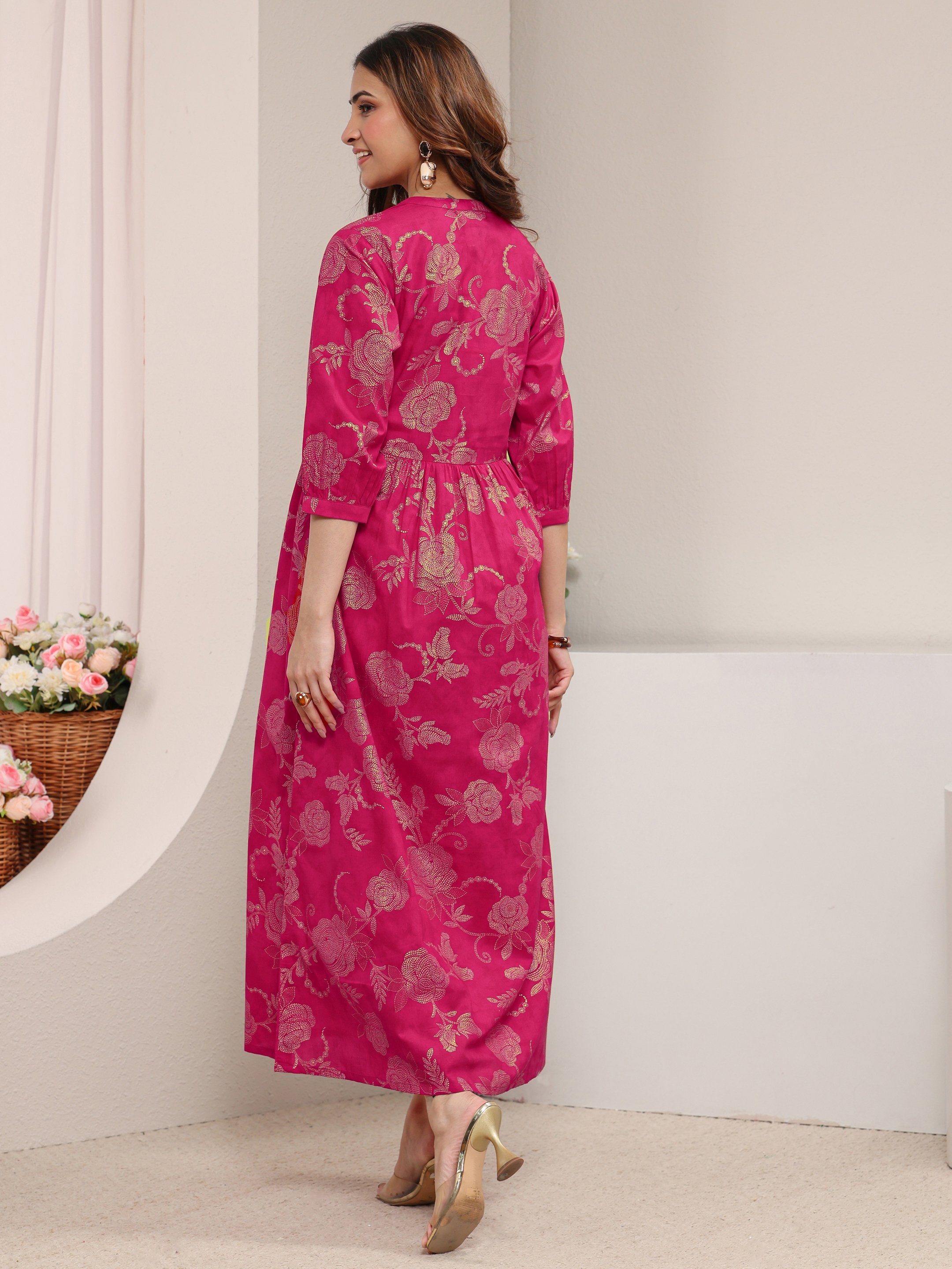 Pink Printed Cotton A-Line Maxi Dress