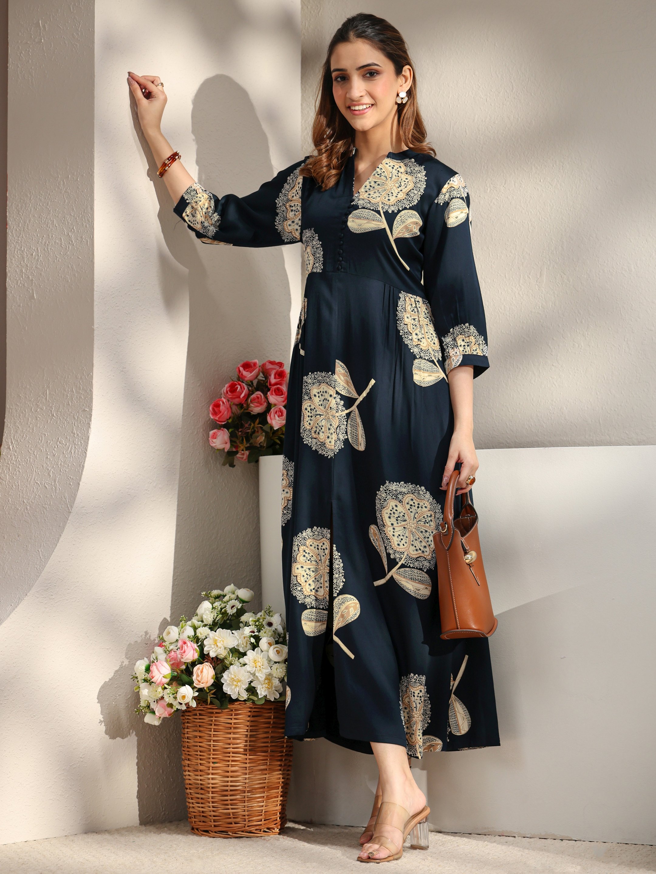 Navy Blue Printed Silk Blend A-Line Maxi Dress