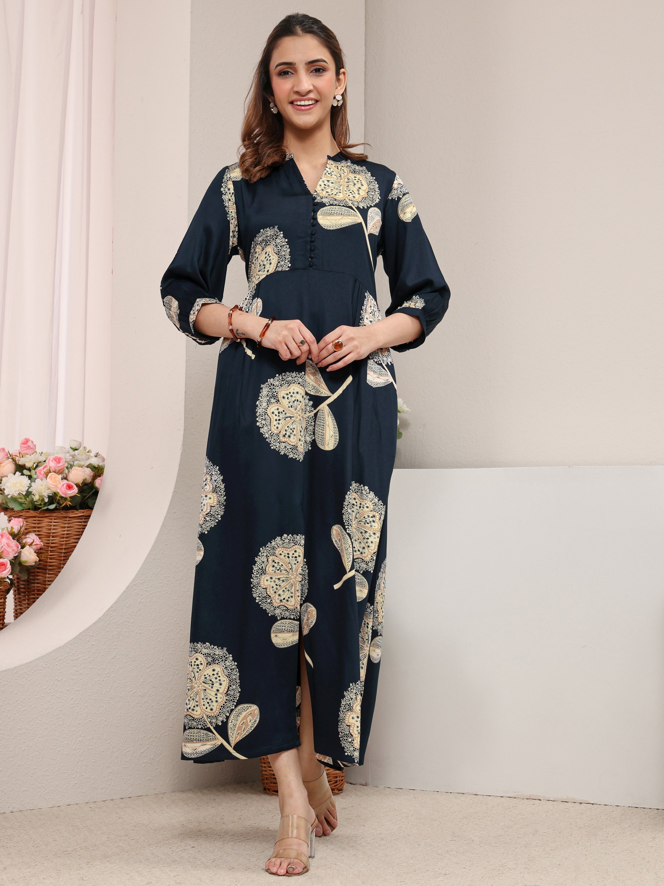 Navy Blue Printed Silk Blend A-Line Maxi Dress
