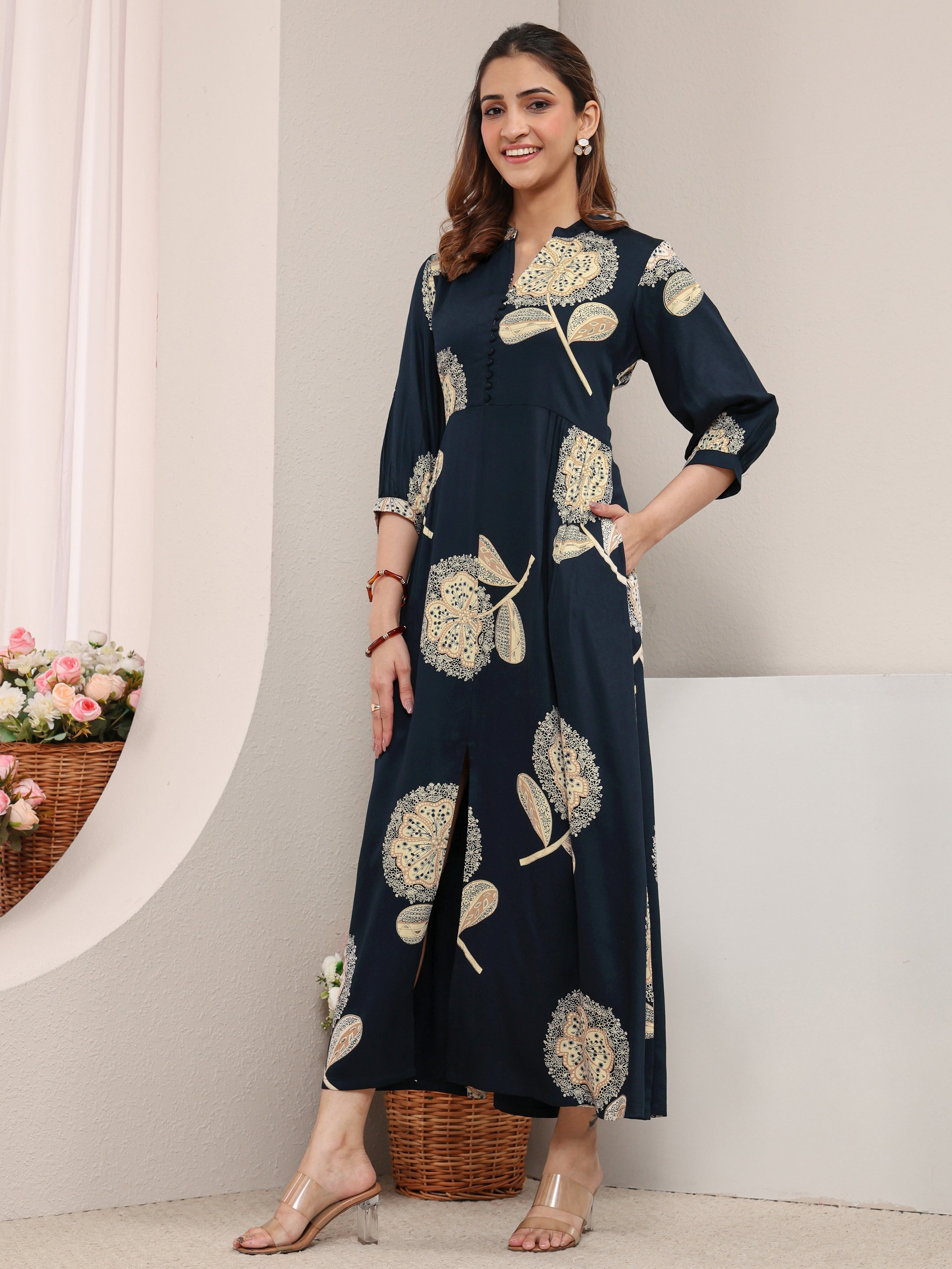 Navy Blue Printed Silk Blend A-Line Maxi Dress