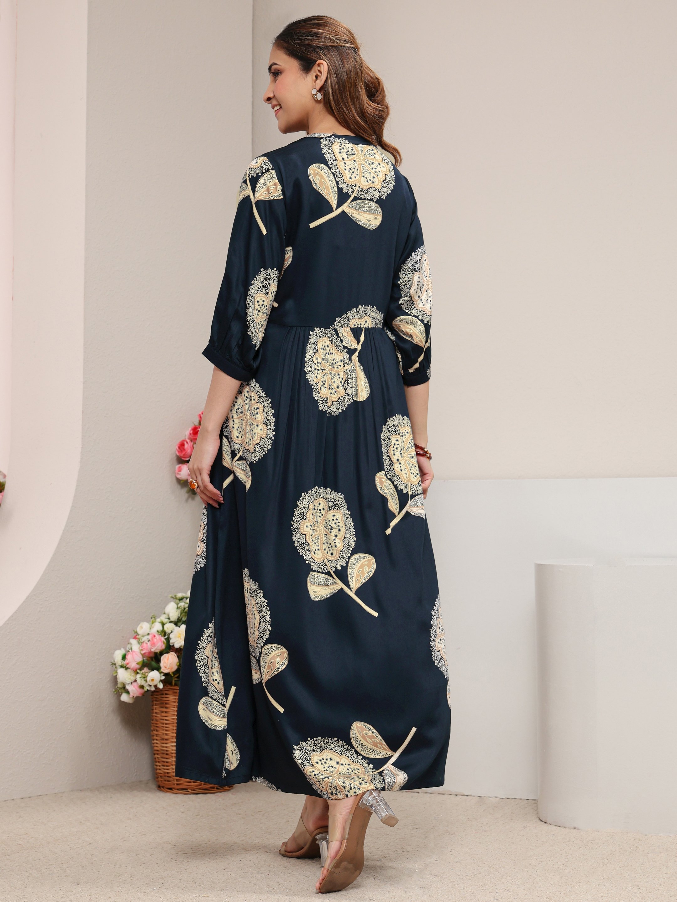 Navy Blue Printed Silk Blend A-Line Maxi Dress