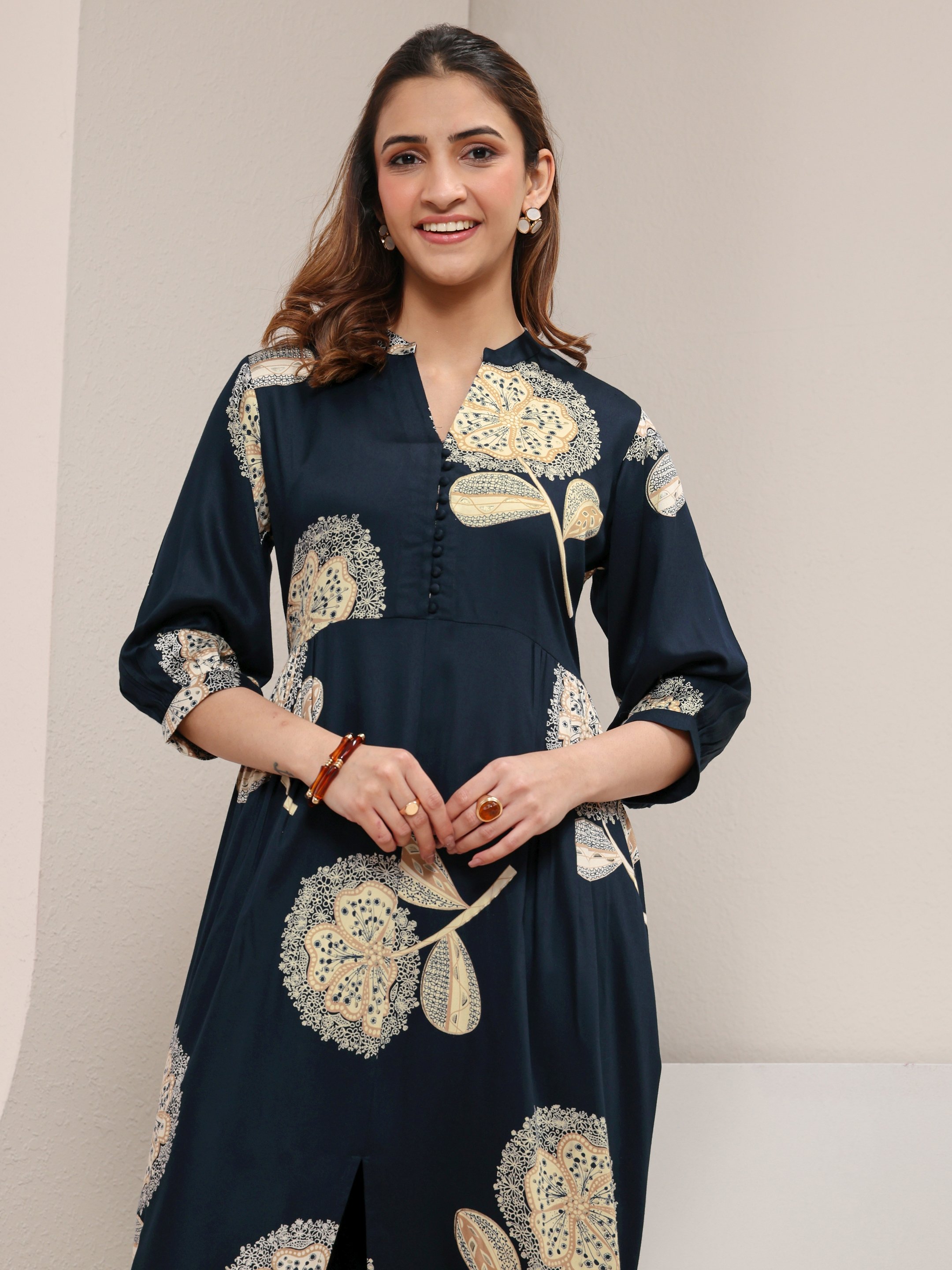 Navy Blue Printed Silk Blend A-Line Maxi Dress