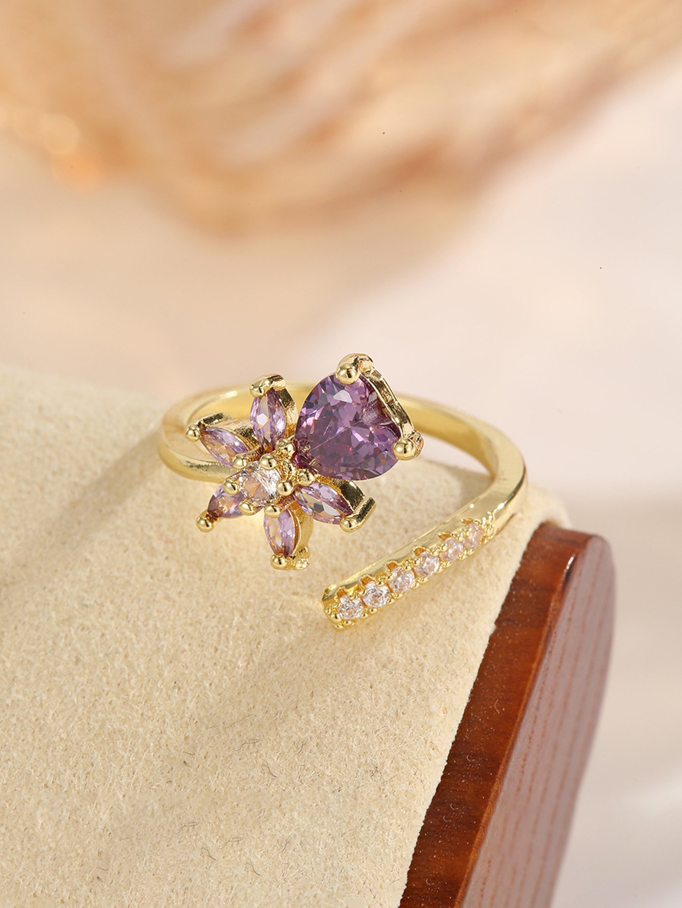 Gold Tone Adjustable Flower Heart Ring with Zircons