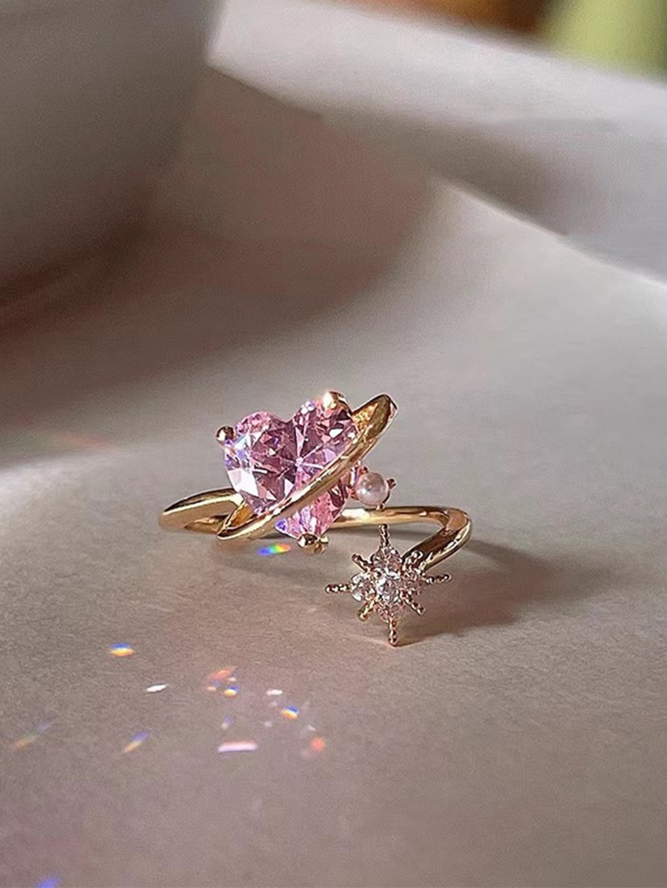 Gold Tone Celestial Star and Heart Adjustable Ring