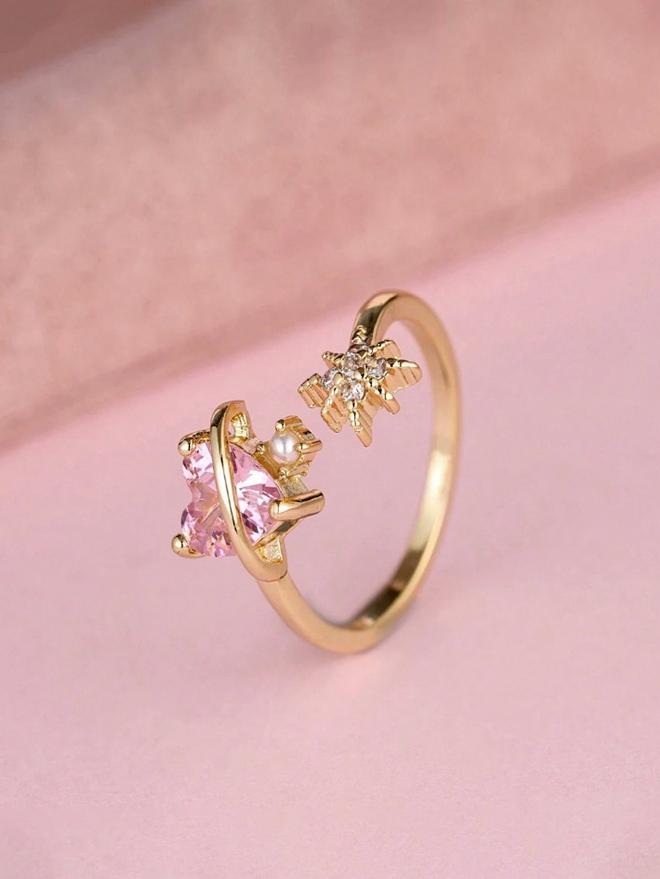 Gold Tone Celestial Star and Heart Adjustable Ring