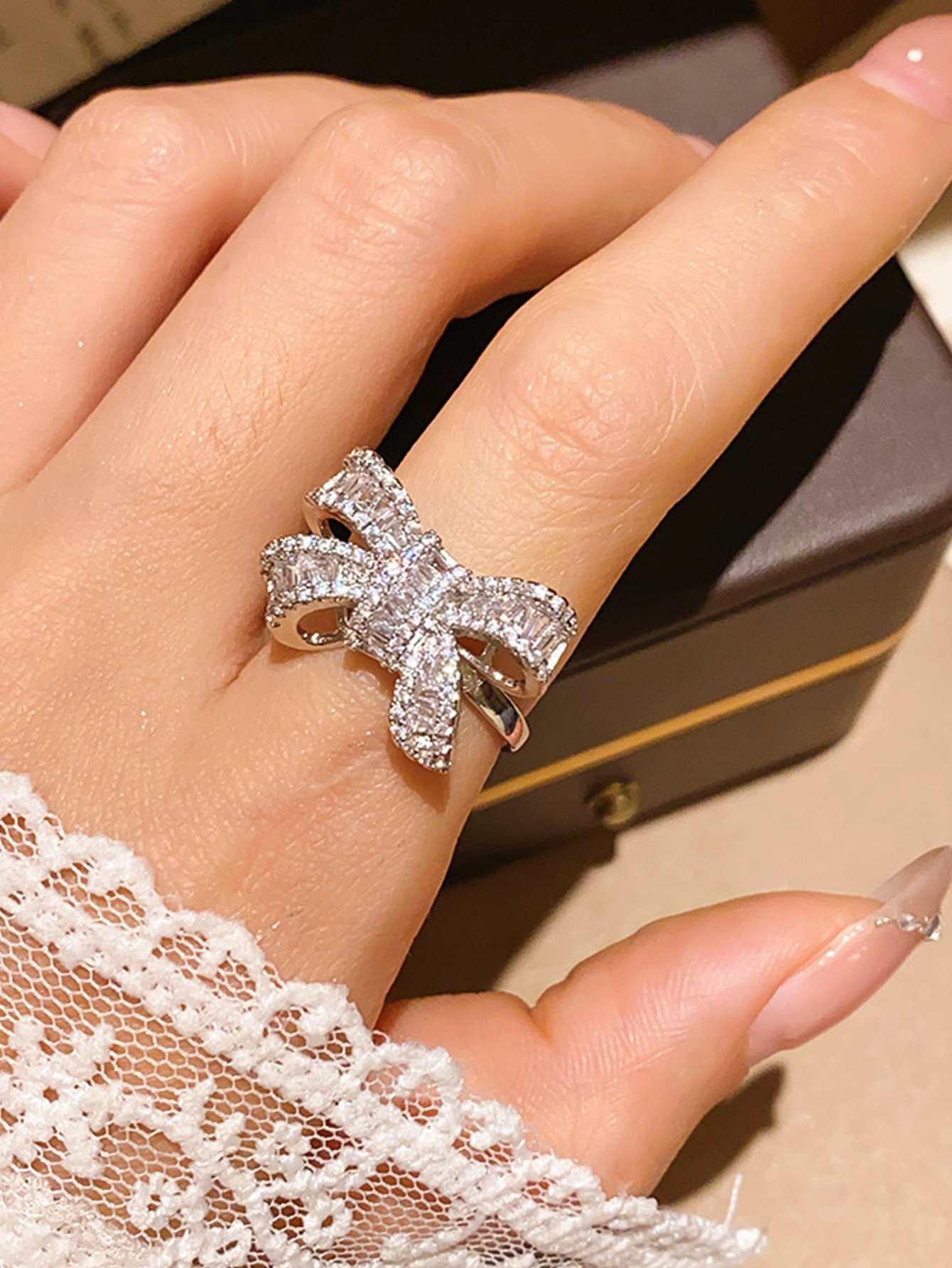 Silver Embellished Bow Ring