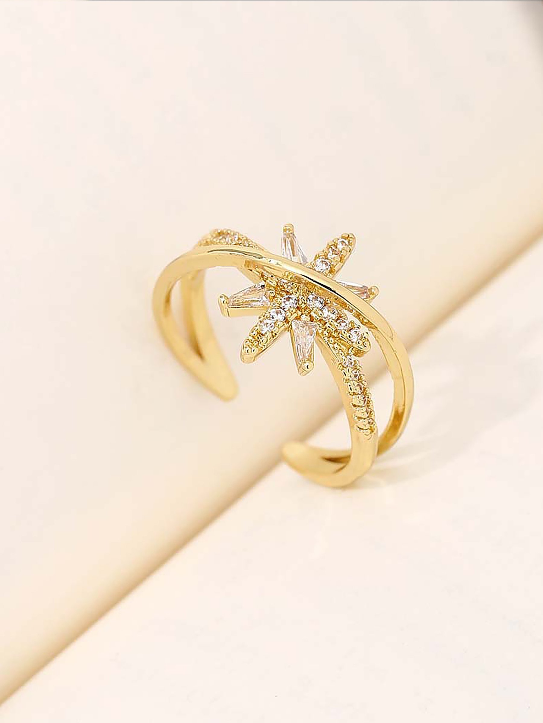 Gold Tone Embellished Starburst Adjustable Ring