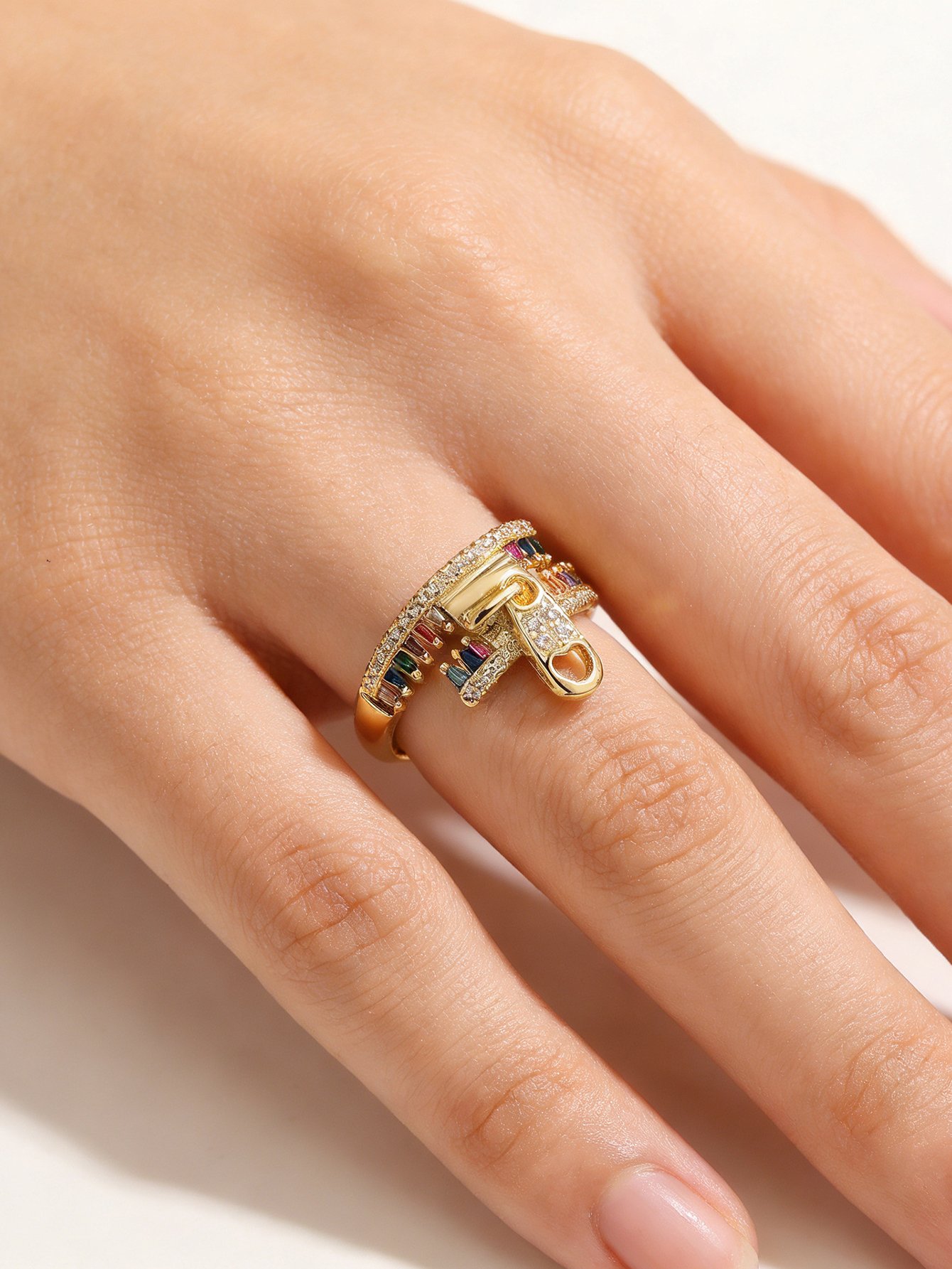 Gold Tone Rainbow Stone Embellished Zipper Detail Ring