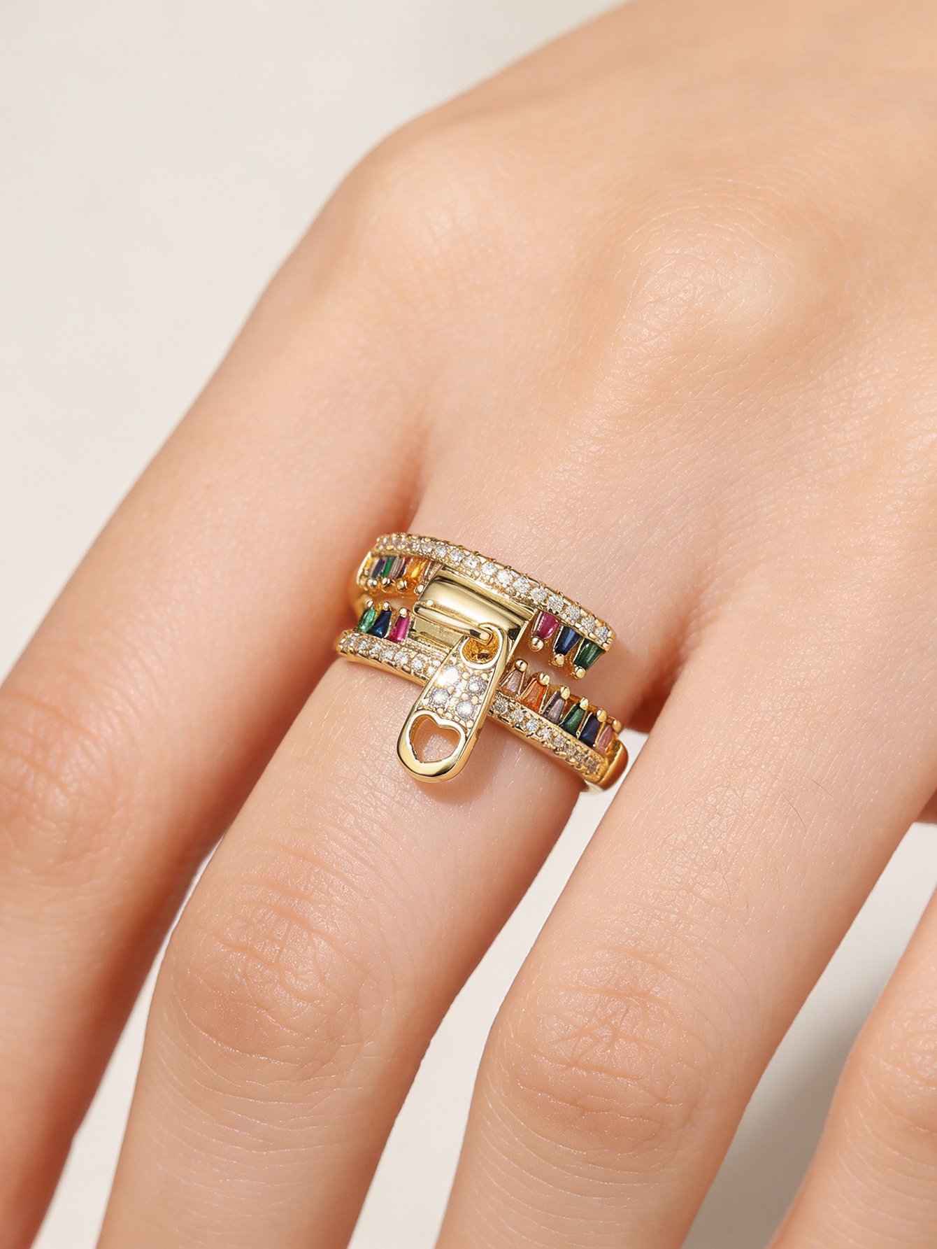 Gold Tone Rainbow Stone Embellished Zipper Detail Ring