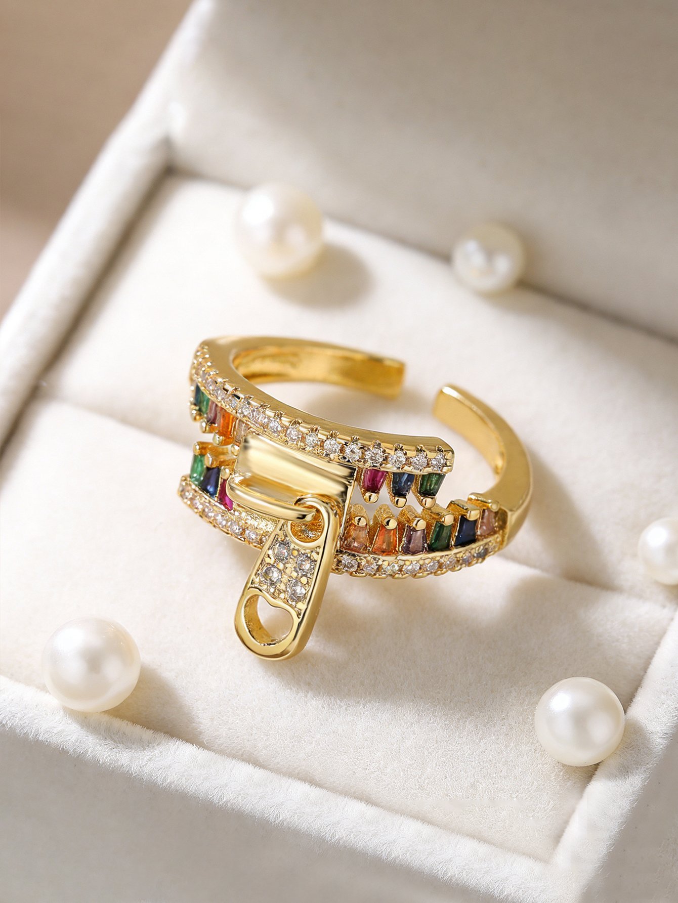 Gold Tone Rainbow Stone Embellished Zipper Detail Ring
