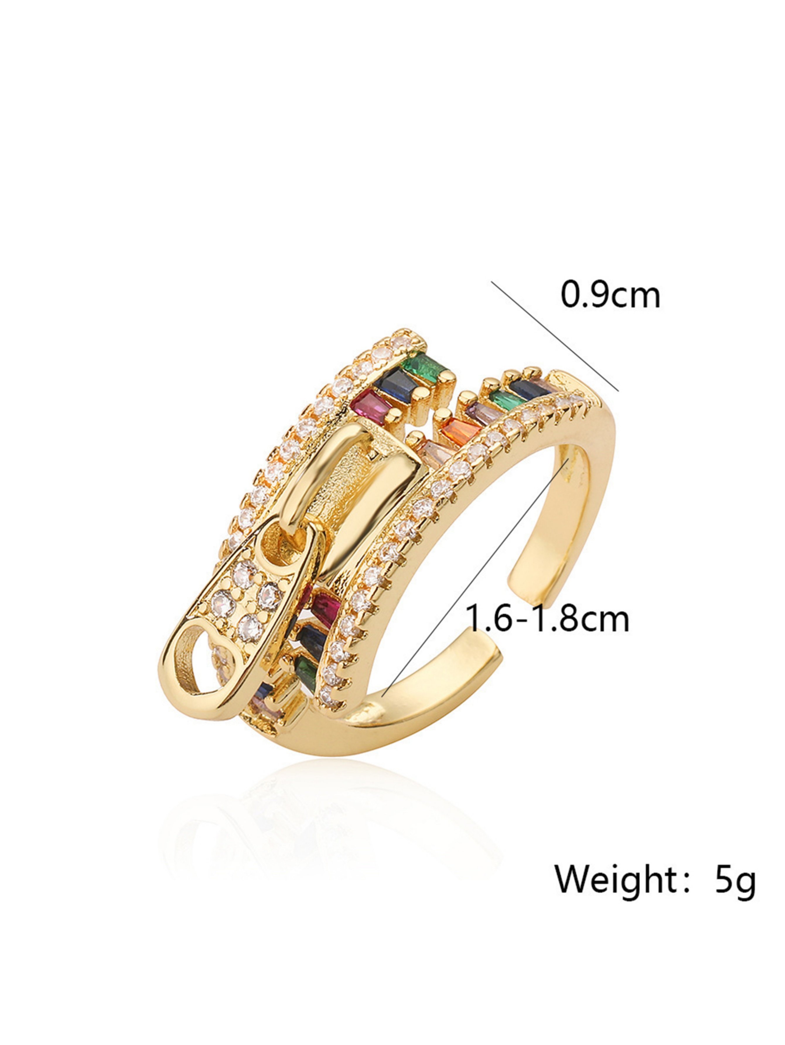 Gold Tone Rainbow Stone Embellished Zipper Detail Ring