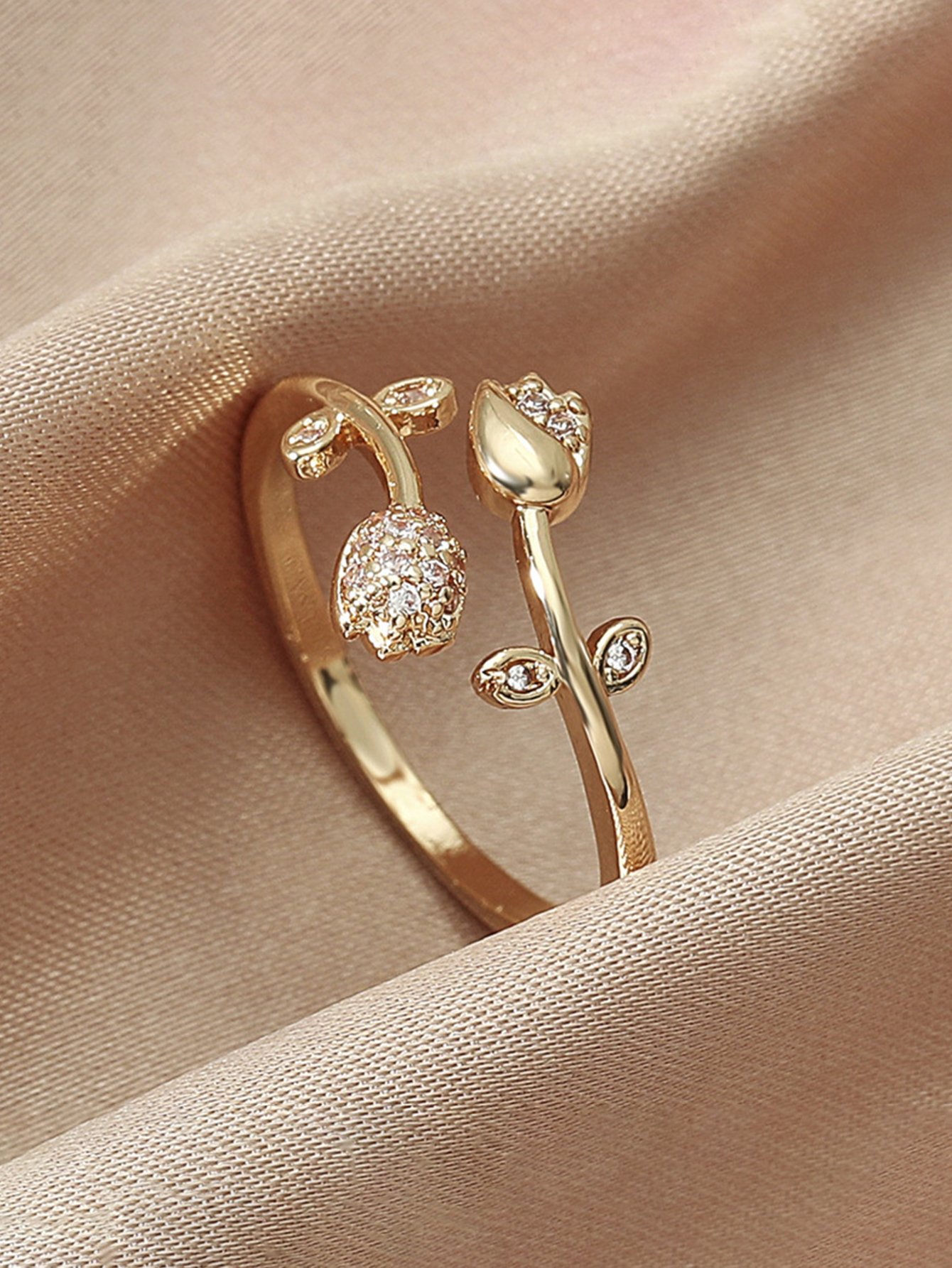 Gold Tone Tulip Blossom Adjustable Open Ring