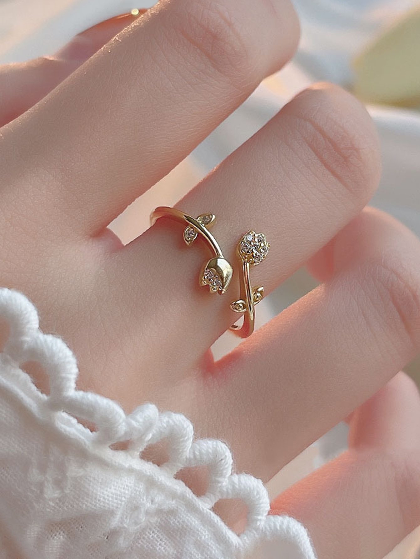 Gold Tone Tulip Blossom Adjustable Open Ring