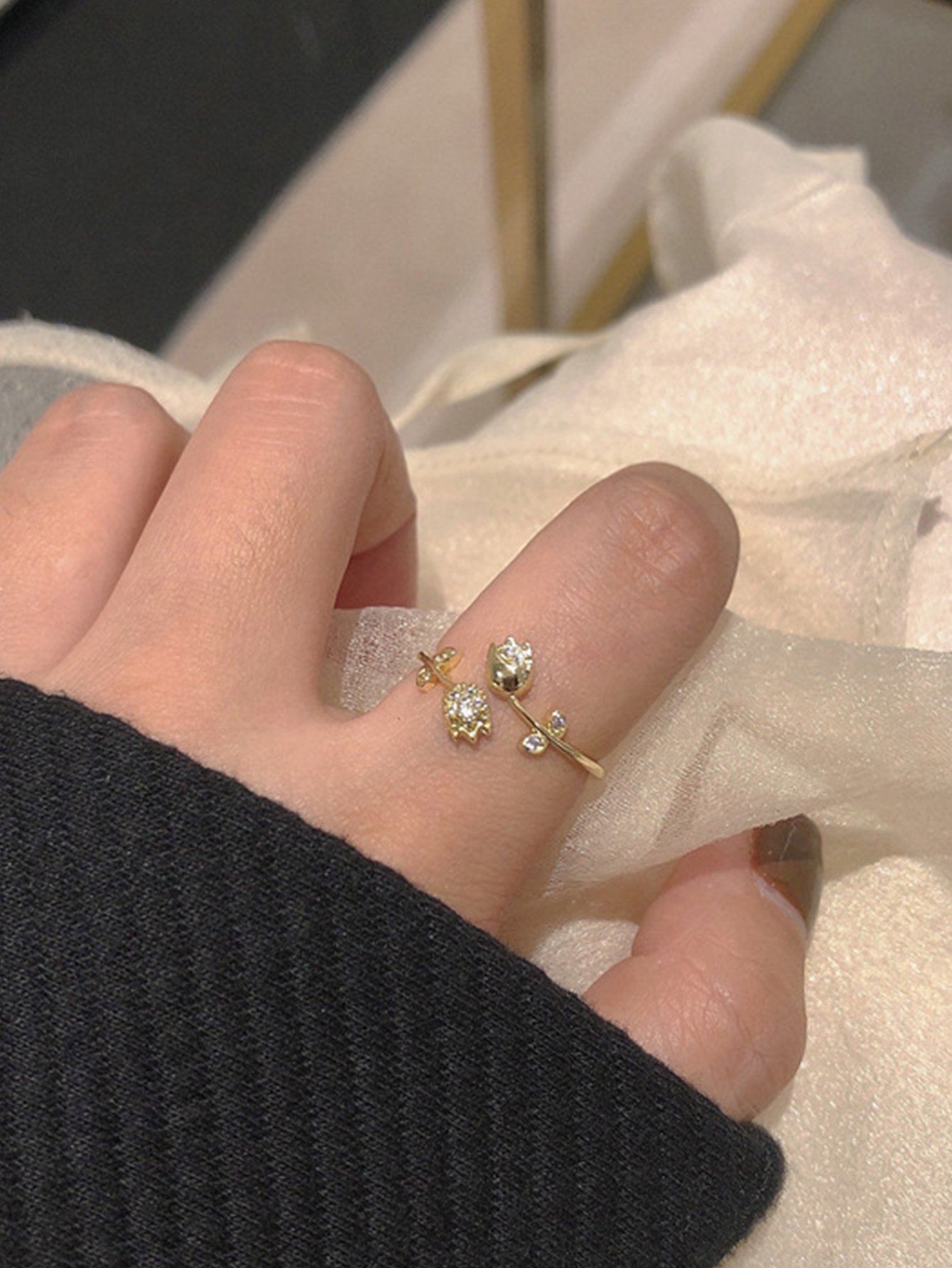 Gold Tone Tulip Blossom Adjustable Open Ring