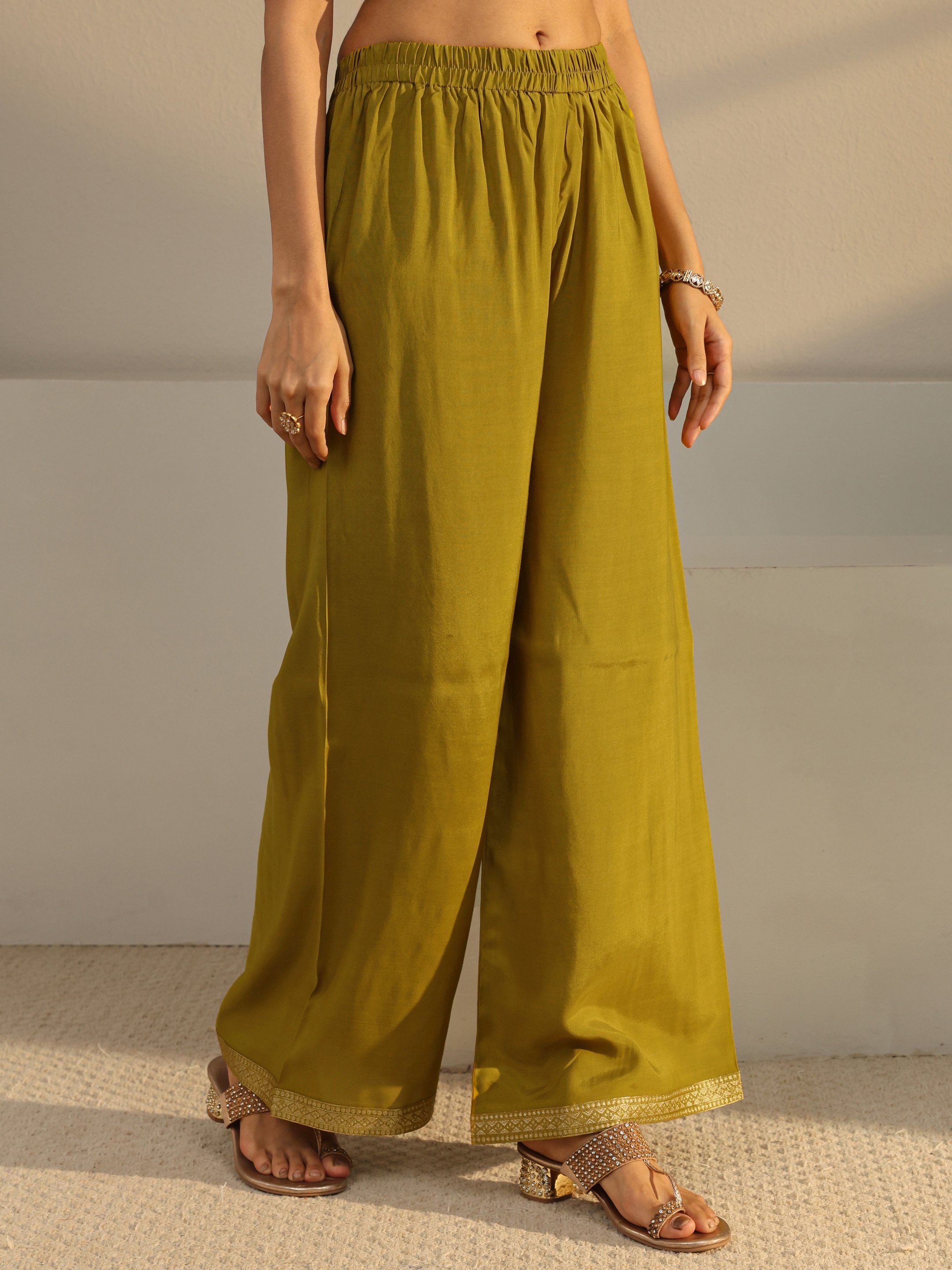 Green Embroidered Silk Blend Straight-Fit Kurta, Palazzo And Dupatta Set