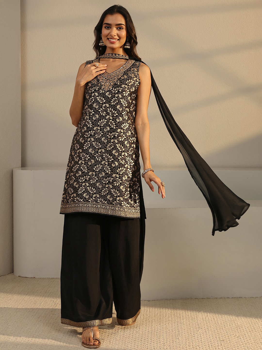 Black Embroidered Silk Blend Straight-Fit Kurta, Palazzo And Dupatta Set