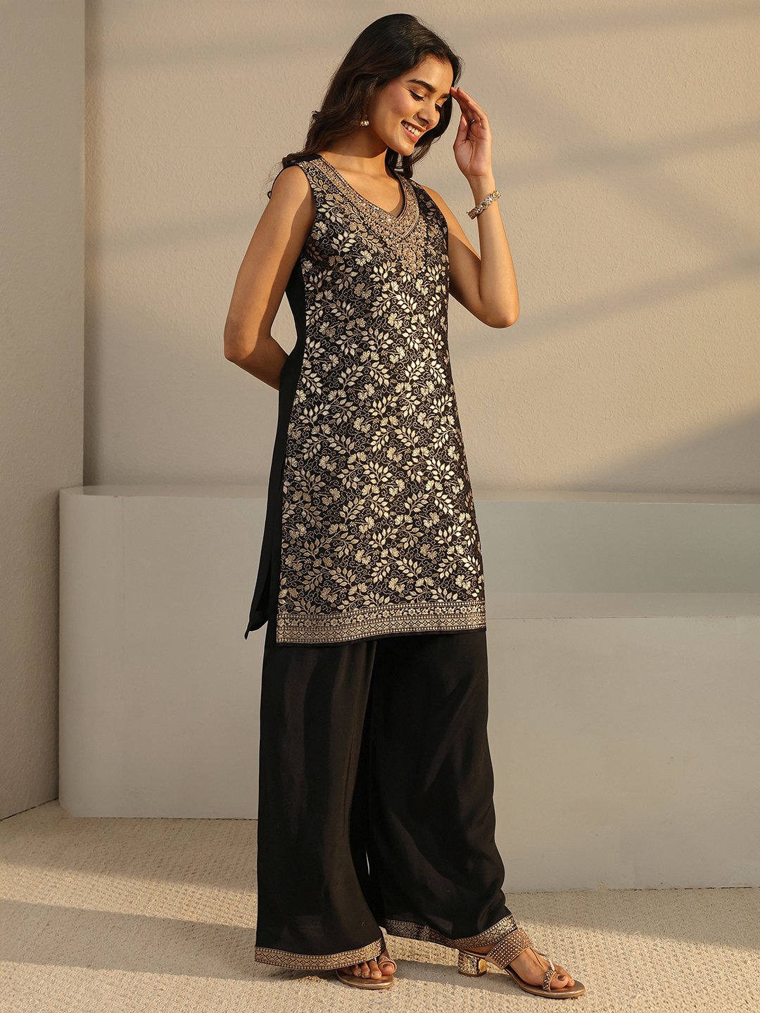 Black Embroidered Silk Blend Straight-Fit Kurta, Palazzo And Dupatta Set