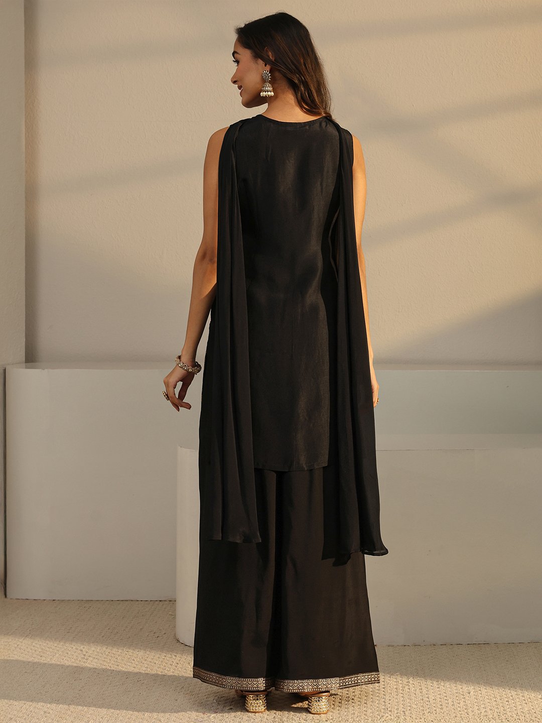 Black Embroidered Silk Blend Straight-Fit Kurta, Palazzo And Dupatta Set