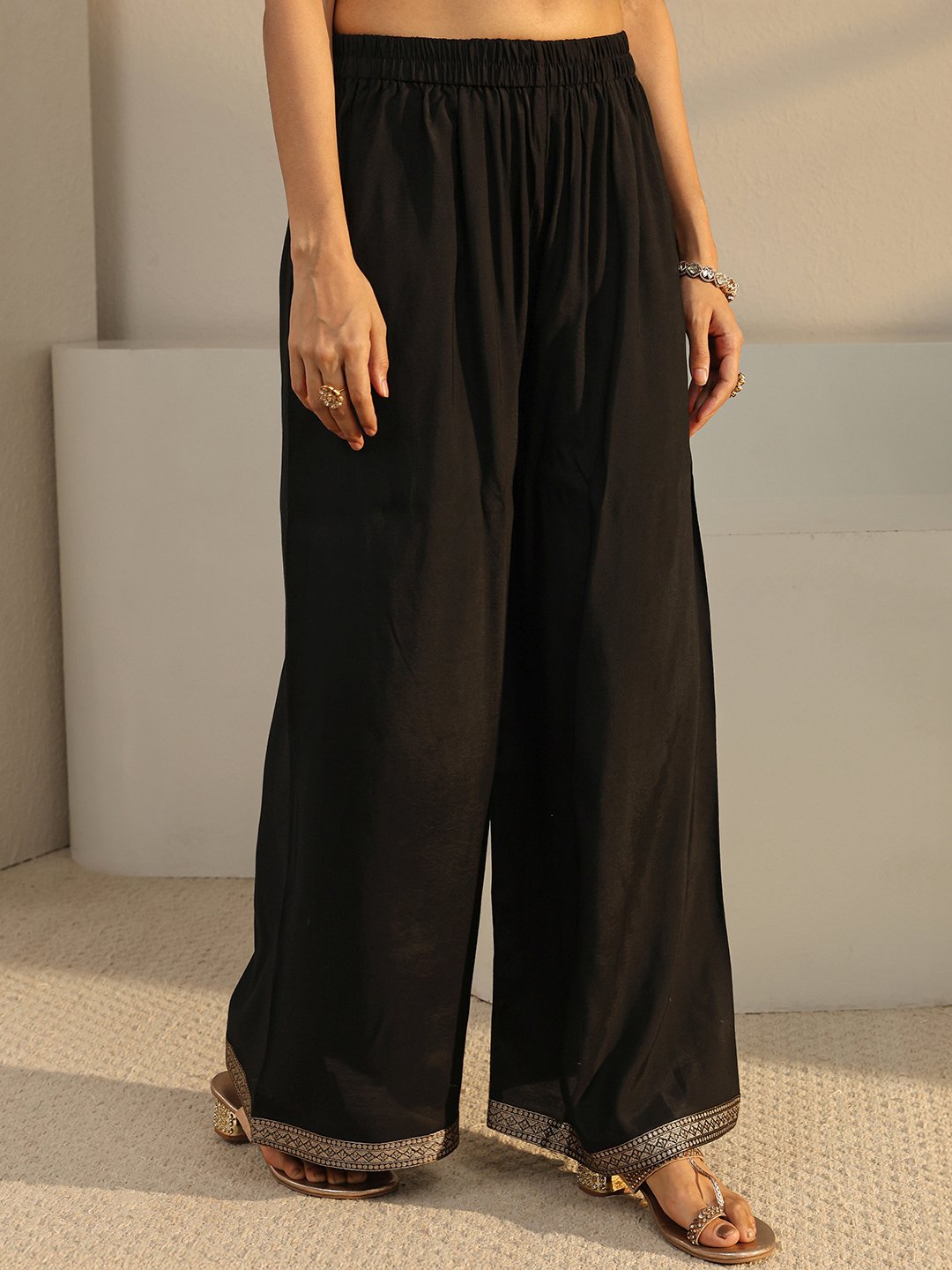 Black Embroidered Silk Blend Straight-Fit Kurta, Palazzo And Dupatta Set