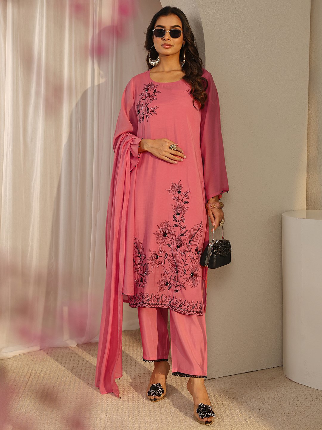 Coral Embroidered Chanderi Silk Straight-Fit Kurta, Pants And Dupatta Set