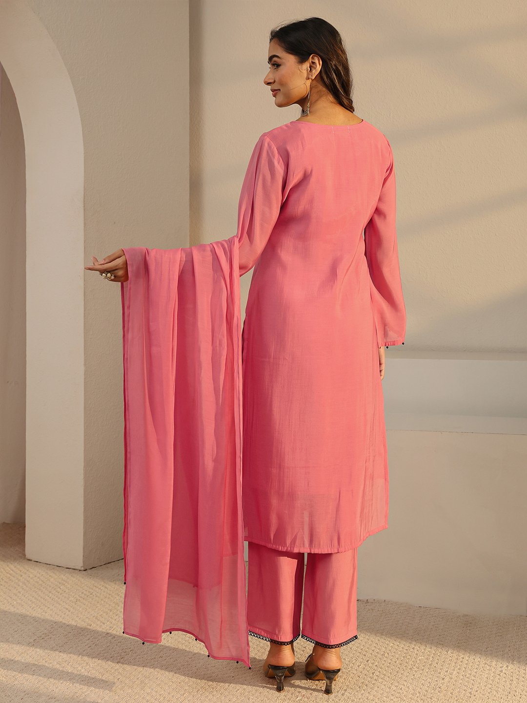 Coral Embroidered Chanderi Silk Straight-Fit Kurta, Pants And Dupatta Set