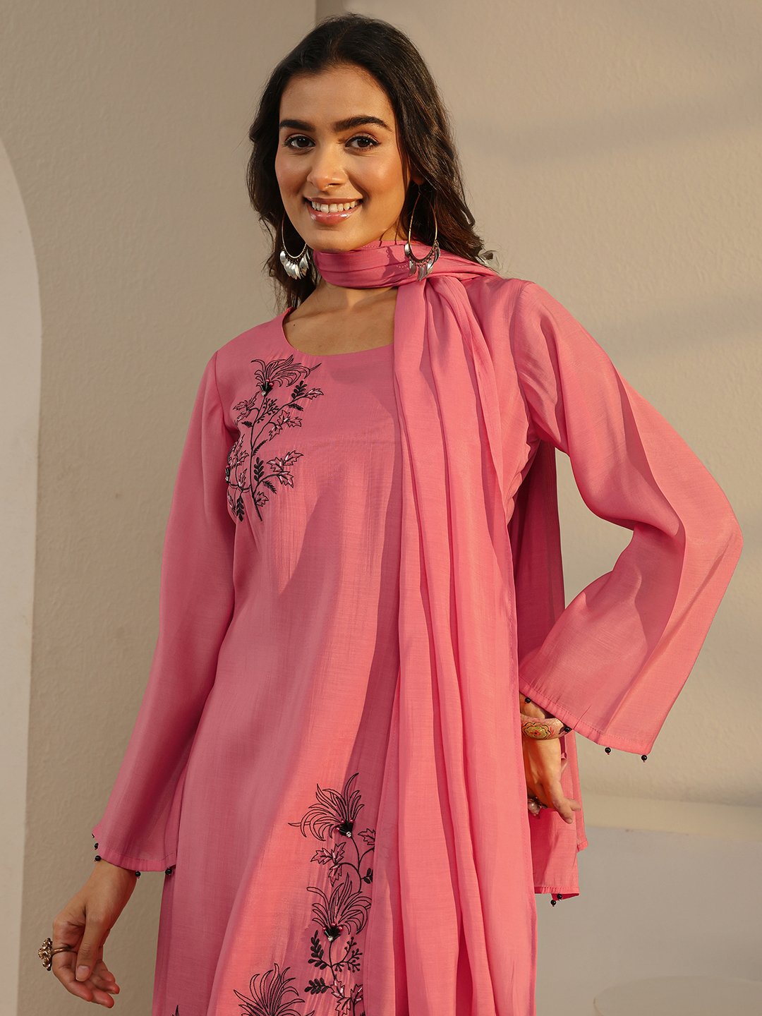Coral Embroidered Chanderi Silk Straight-Fit Kurta, Pants And Dupatta Set