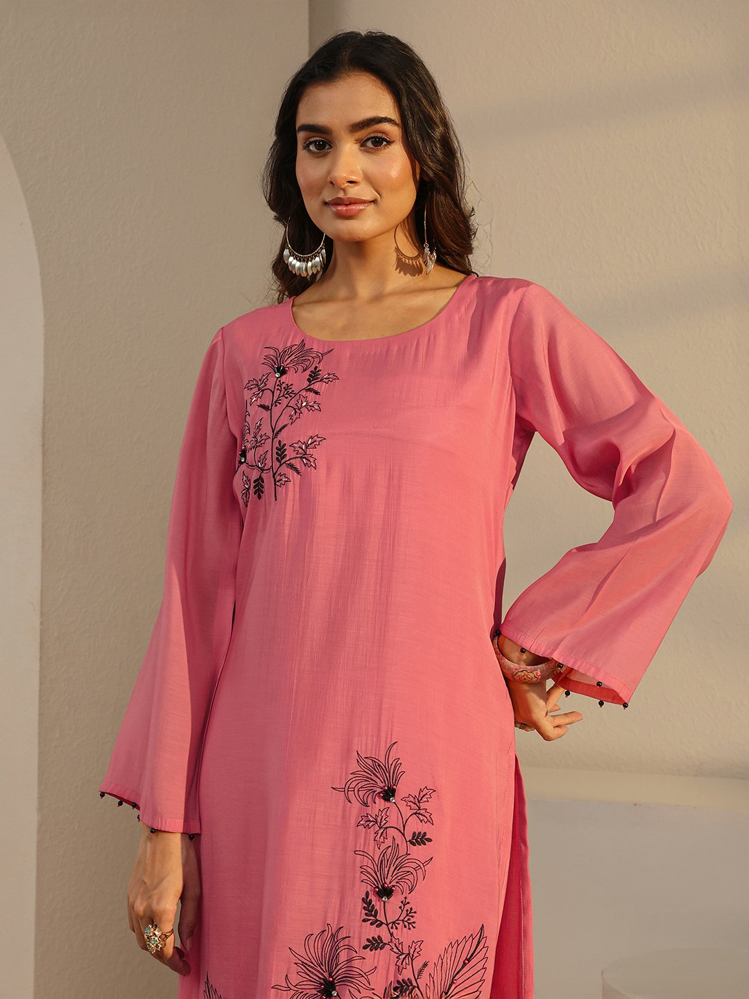Coral Embroidered Chanderi Silk Straight-Fit Kurta, Pants And Dupatta Set