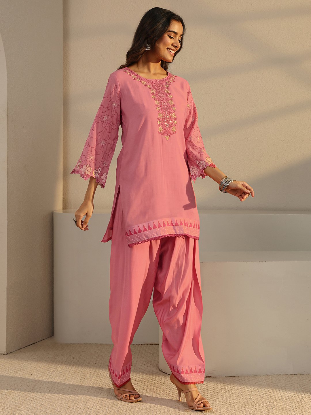 Pink Embroidered Chanderi Silk Straight-Fit Kurta, Salwar And Dupatta Set